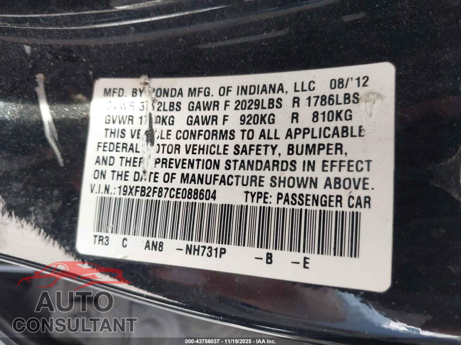 HONDA CIVIC 2012 - 19XFB2F87CE088604