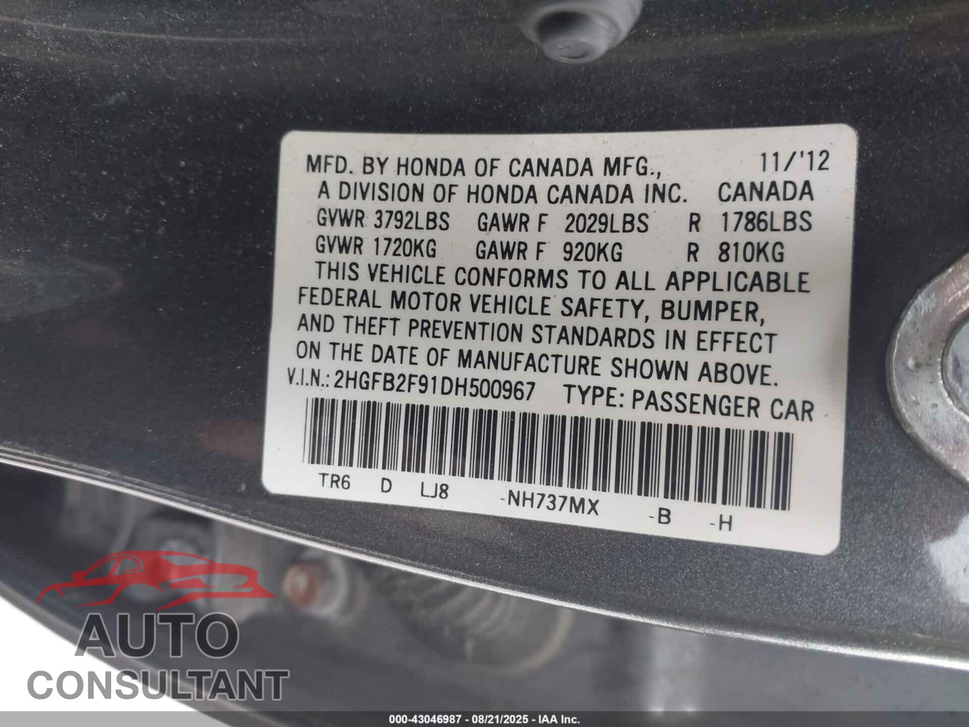 HONDA CIVIC 2013 - 2HGFB2F91DH500967