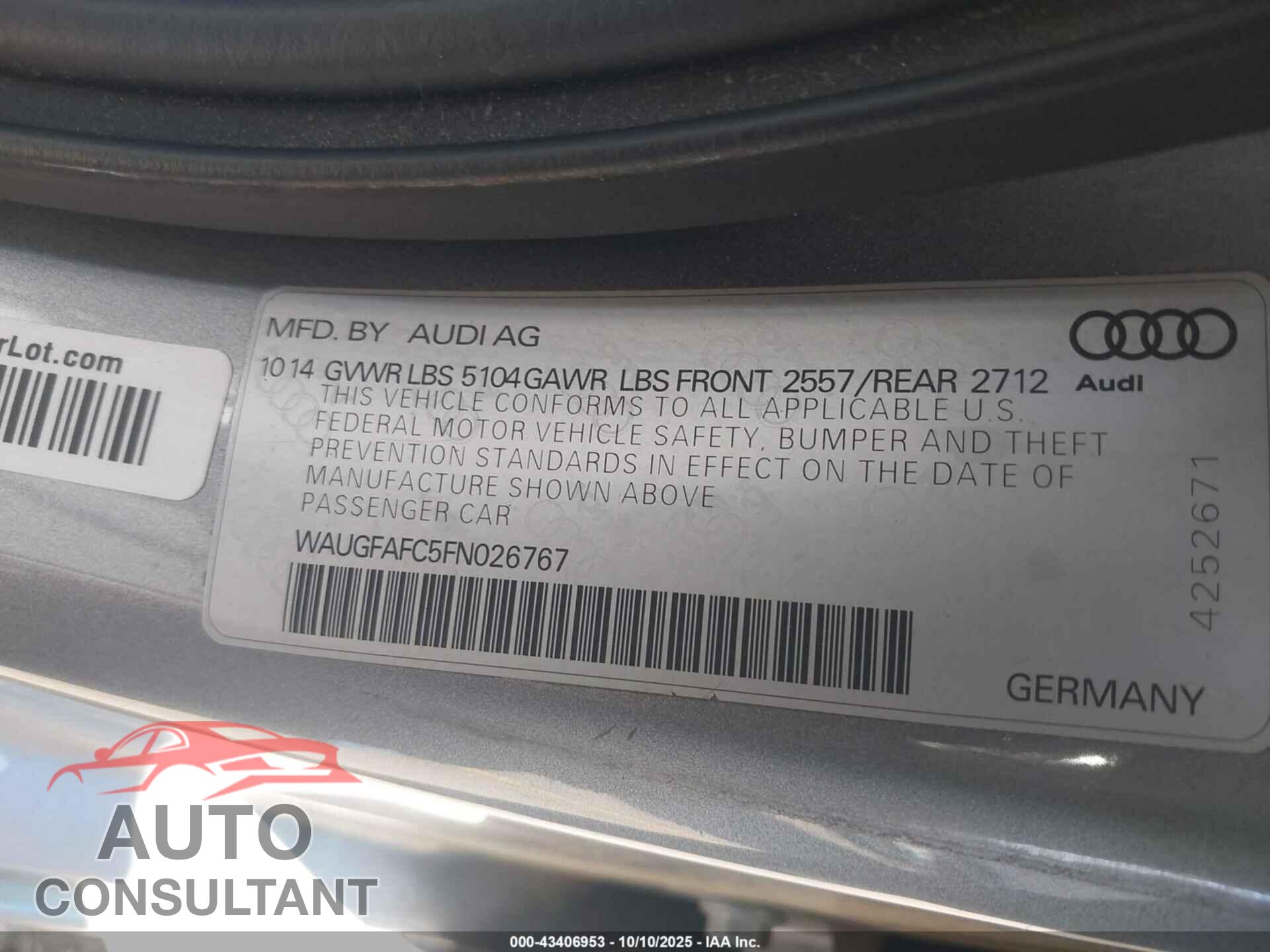 AUDI A6 2015 - WAUGFAFC5FN026767