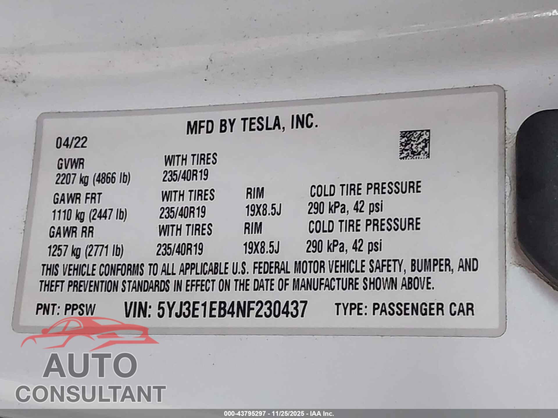 TESLA MODEL 3 2022 - 5YJ3E1EB4NF230437