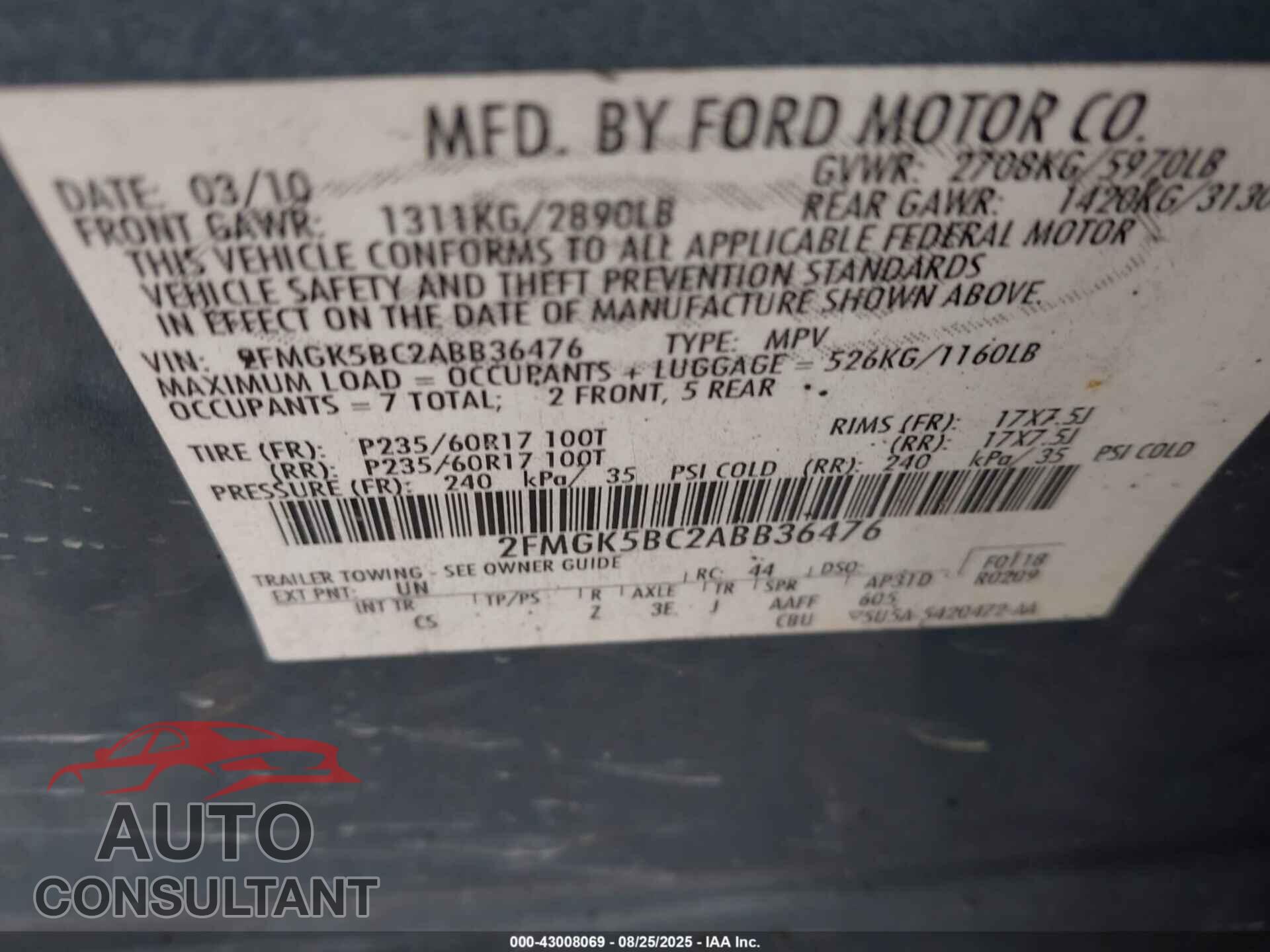 FORD FLEX 2010 - 2FMGK5BC2ABB36476