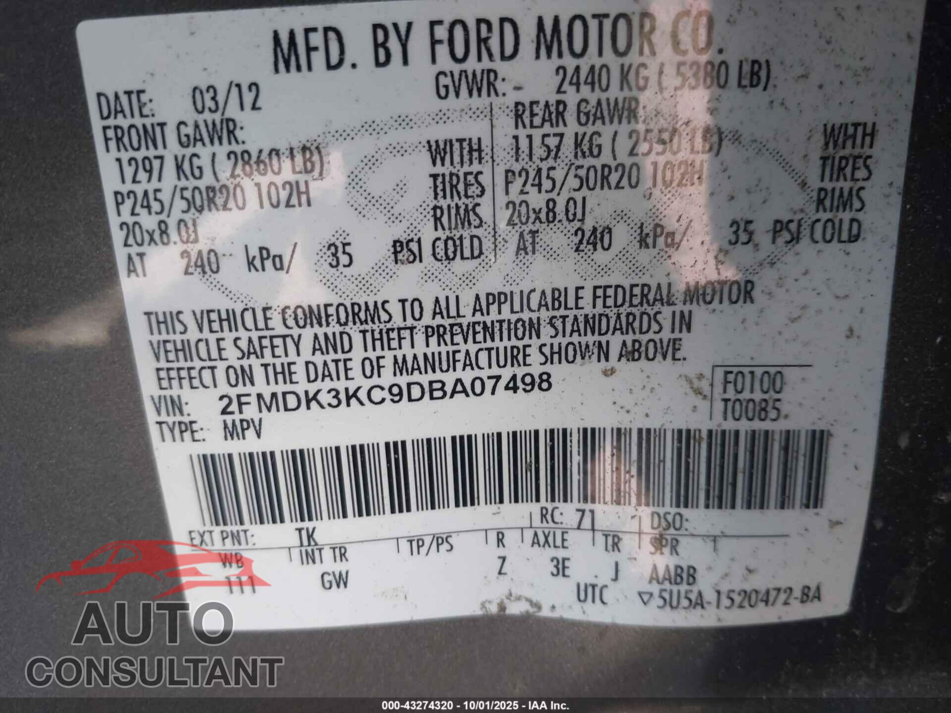 FORD EDGE 2013 - 2FMDK3KC9DBA07498