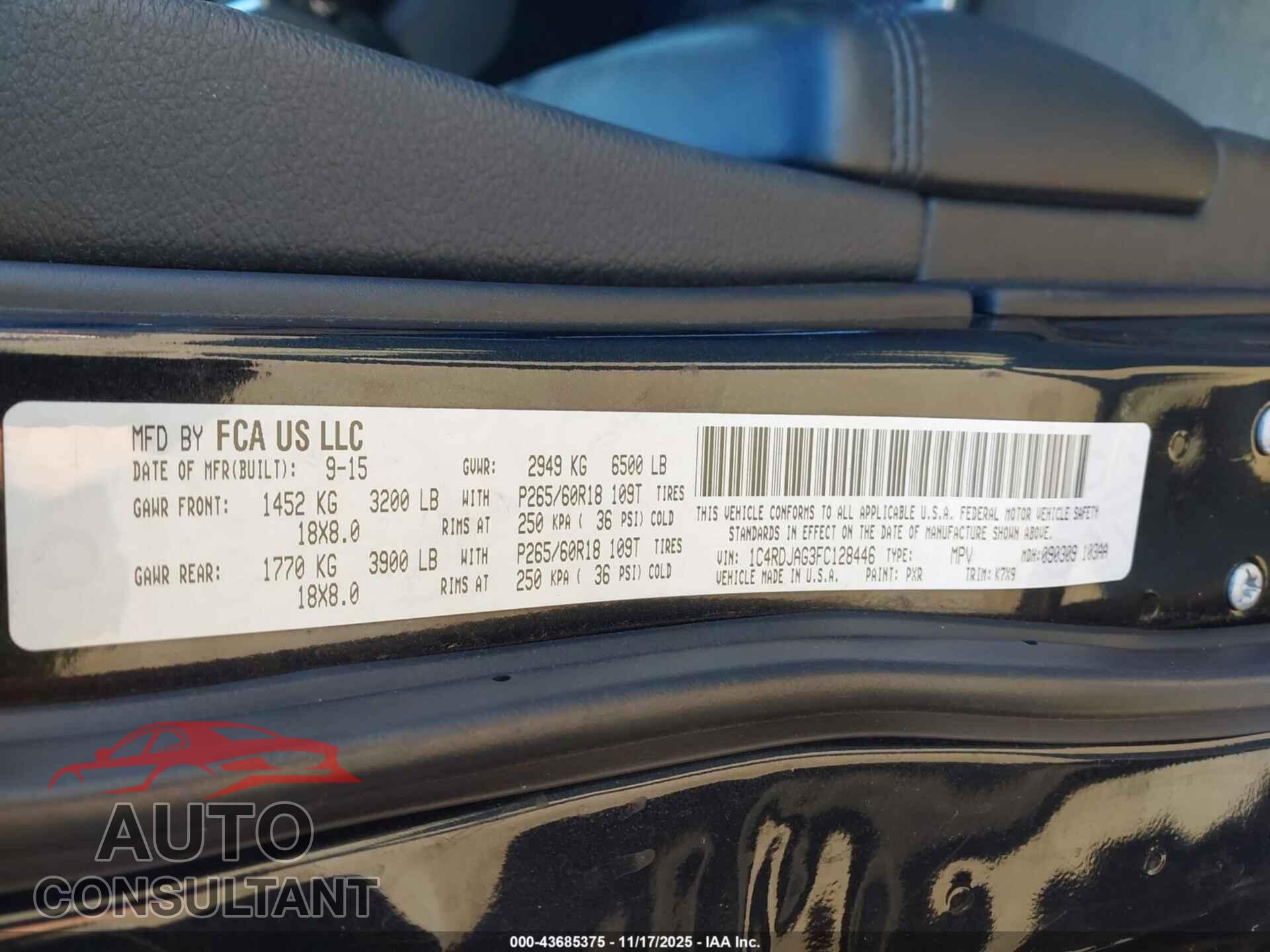 DODGE DURANGO 2015 - 1C4RDJAG3FC128446