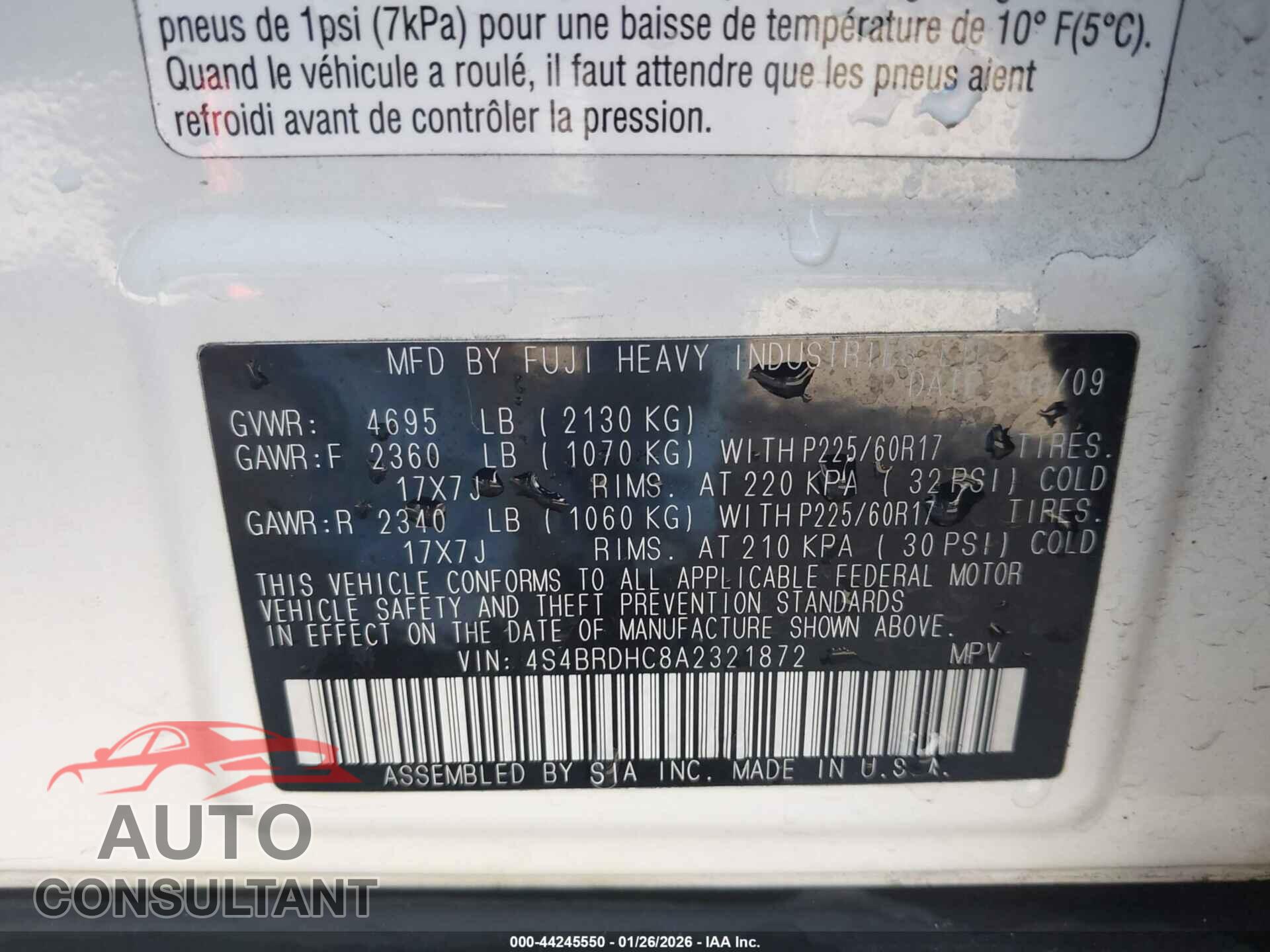 SUBARU OUTBACK 2010 - 4S4BRDHC8A2321872