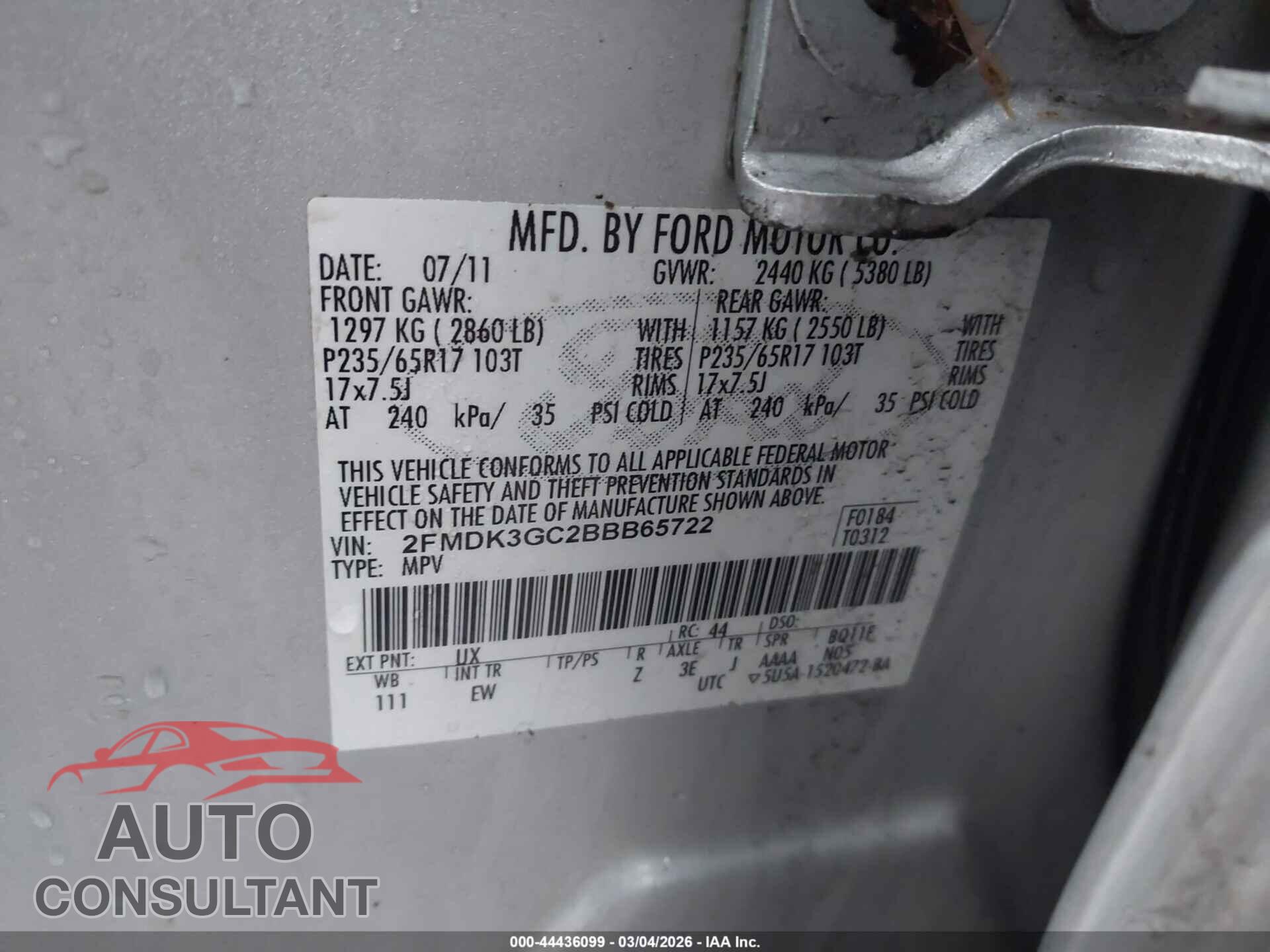 FORD EDGE 2011 - 2FMDK3GC2BBB65722