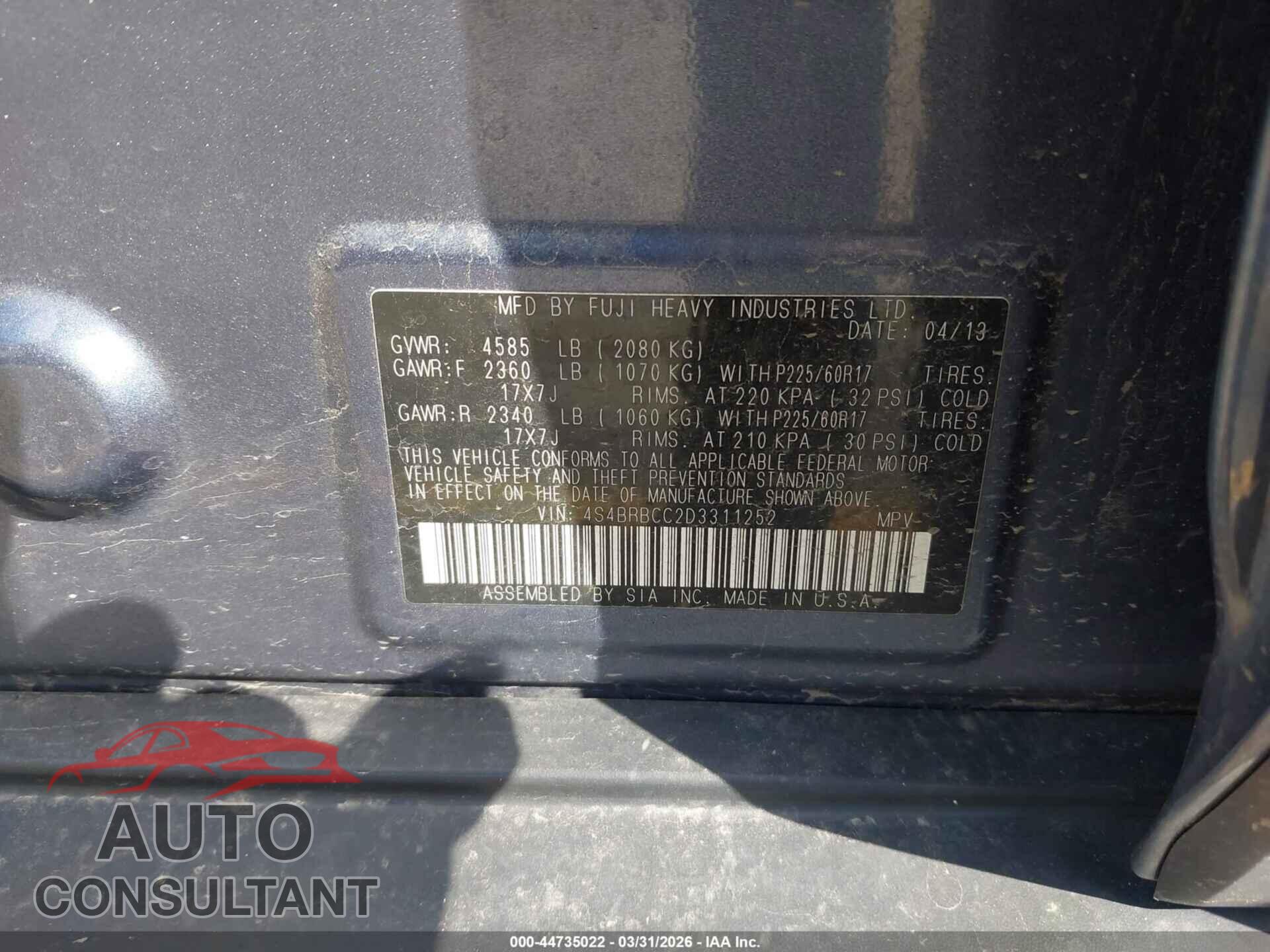 SUBARU OUTBACK 2013 - 4S4BRBCC2D3311252