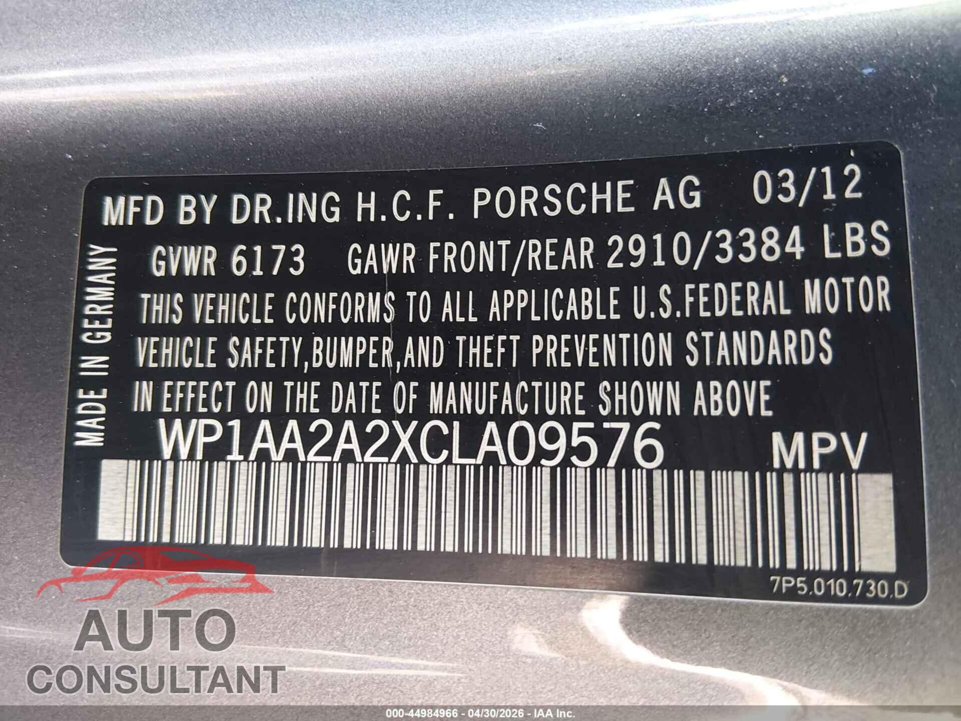 PORSCHE CAYENNE 2012 - WP1AA2A2XCLA09576
