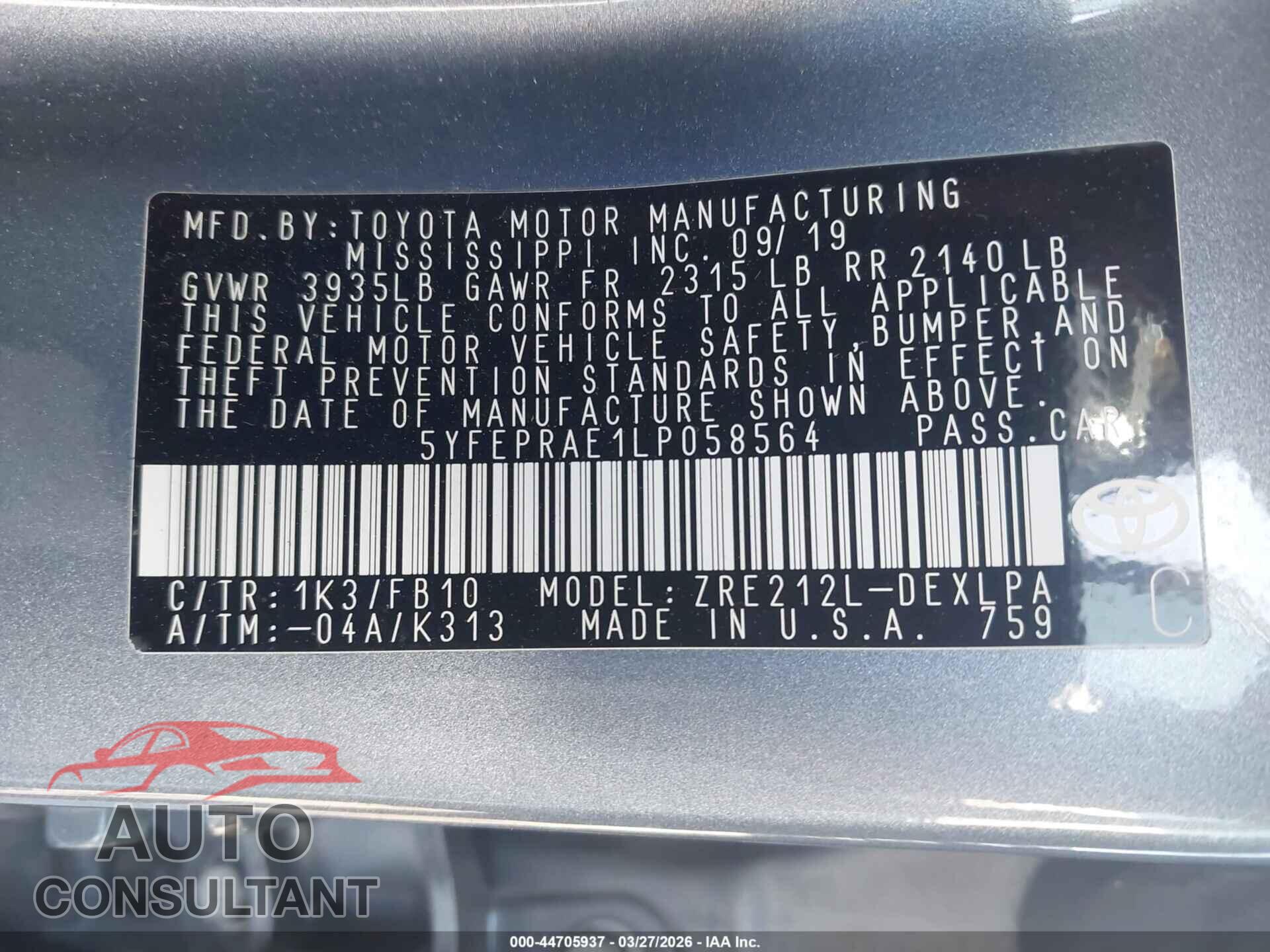 TOYOTA COROLLA 2020 - 5YFEPRAE1LP058564