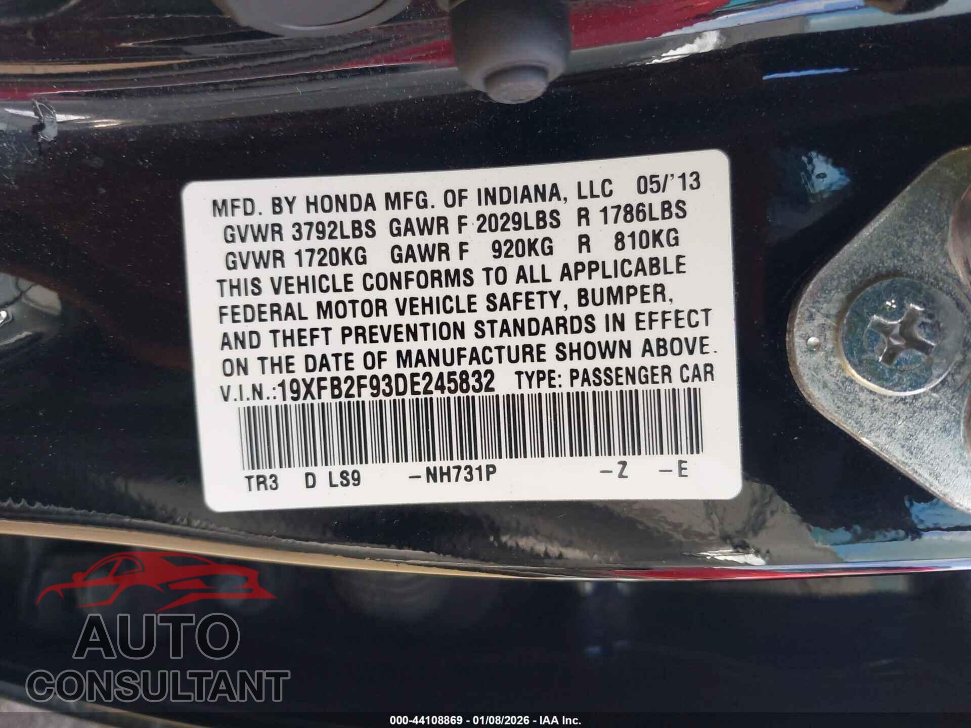 HONDA CIVIC 2013 - 19XFB2F93DE245832