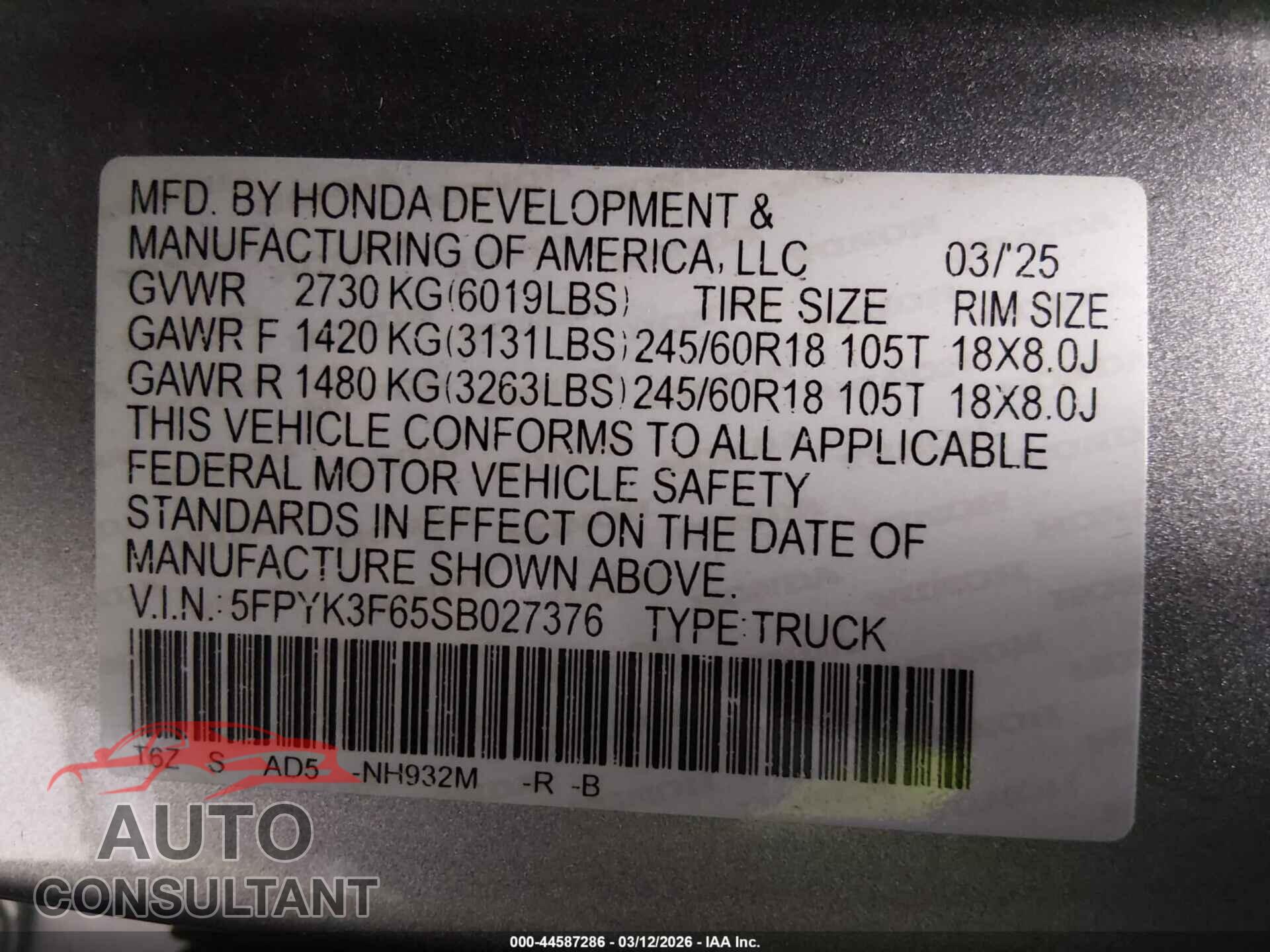 HONDA RIDGELINE 2025 - 5FPYK3F65SB027376