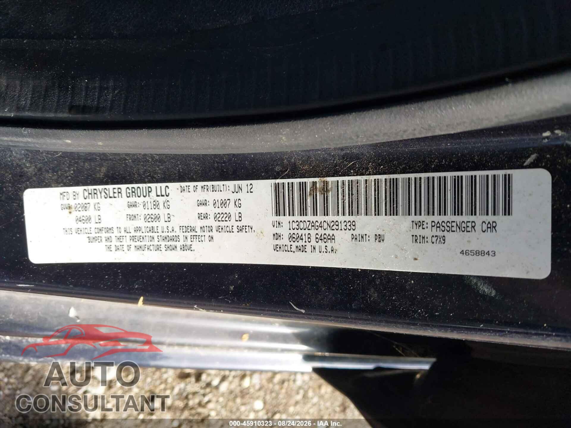 DODGE AVENGER 2012 - 1C3CDZAG4CN291339