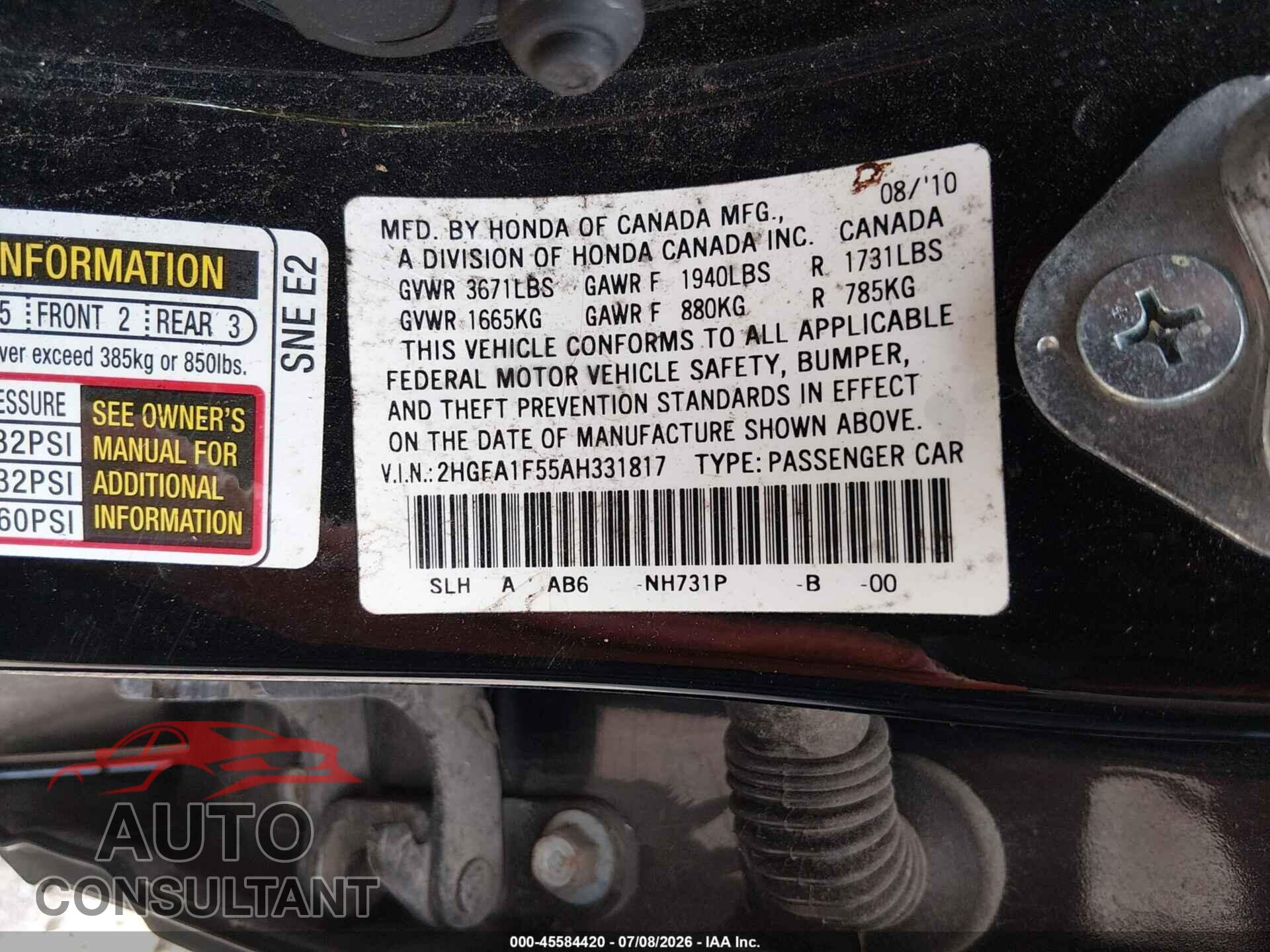 HONDA CIVIC 2010 - 2HGFA1F55AH331817