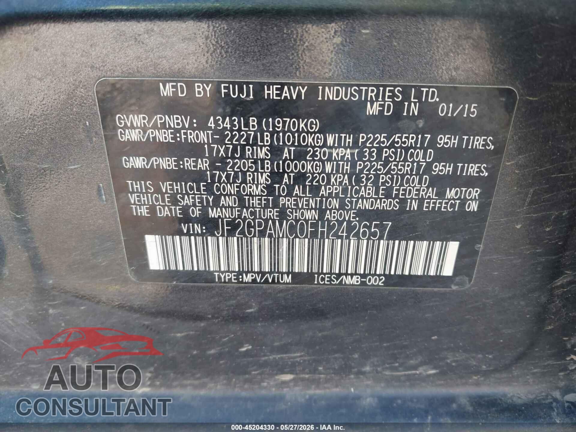 SUBARU XV CROSSTREK 2015 - JF2GPAMC0FH242657