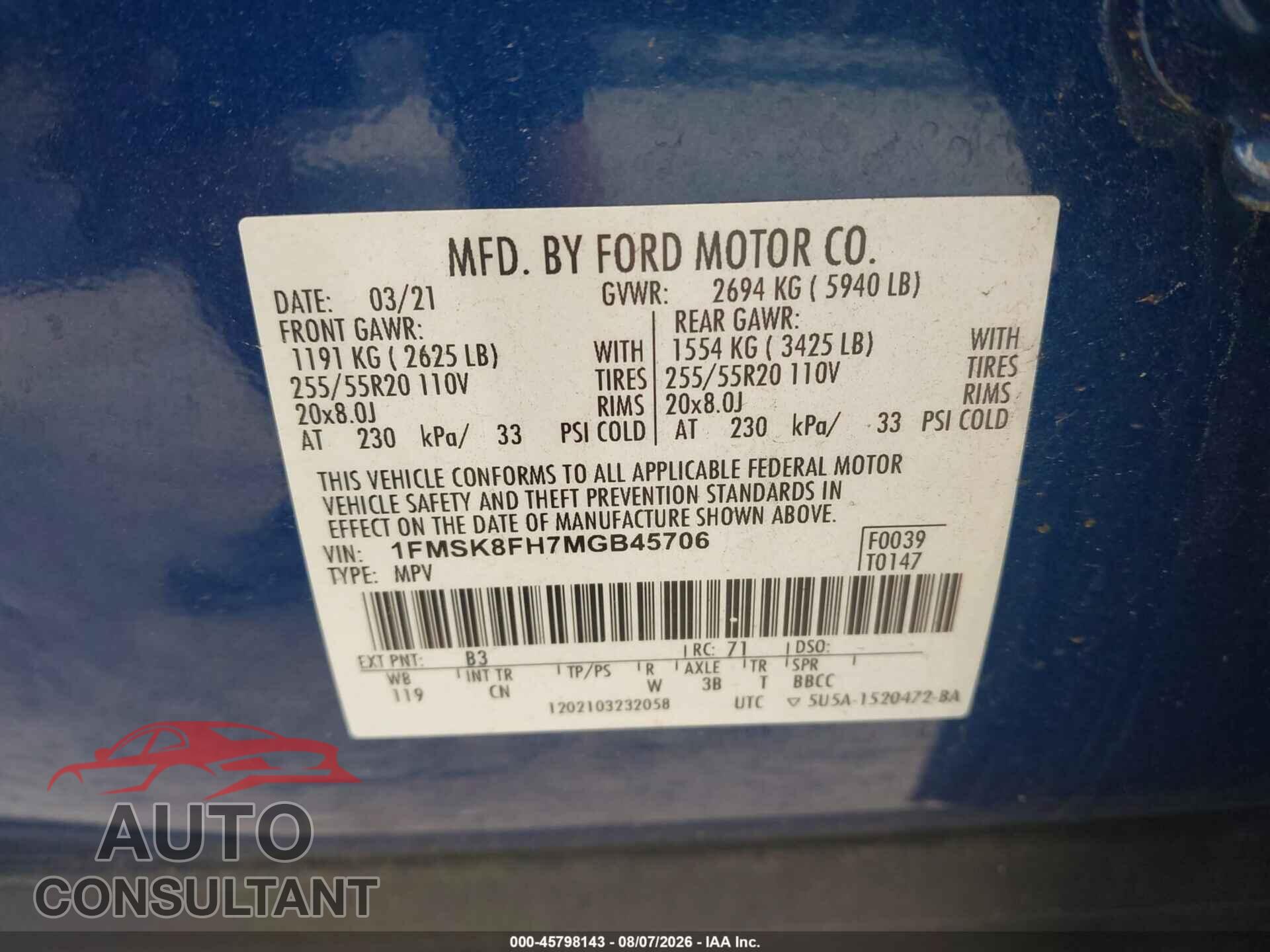 FORD EXPLORER 2021 - 1FMSK8FH7MGB45706