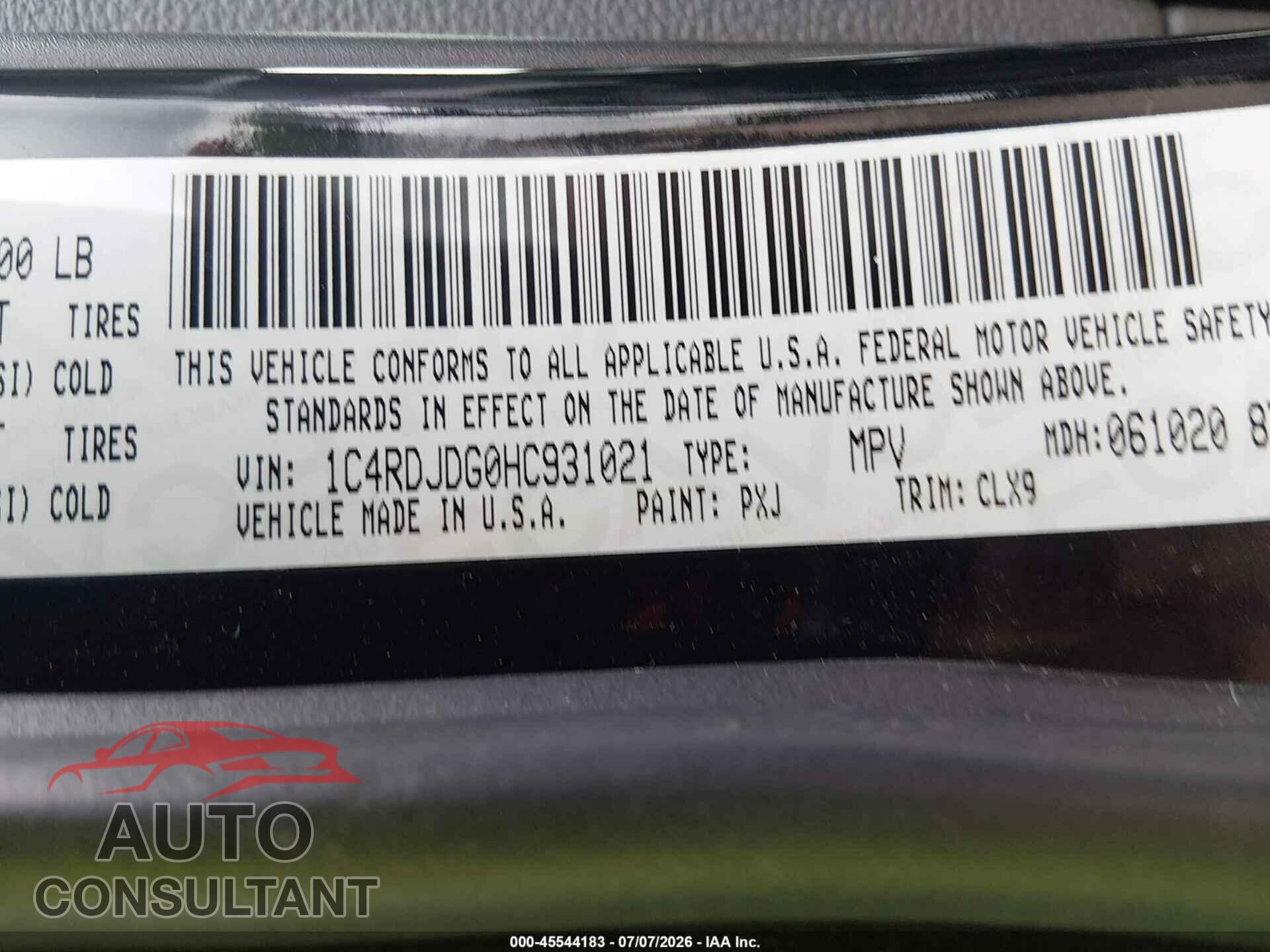 DODGE DURANGO 2017 - 1C4RDJDG0HC931021