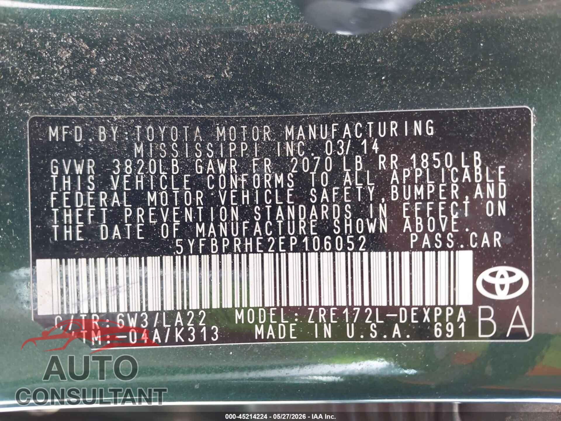 TOYOTA COROLLA 2014 - 5YFBPRHE2EP106052