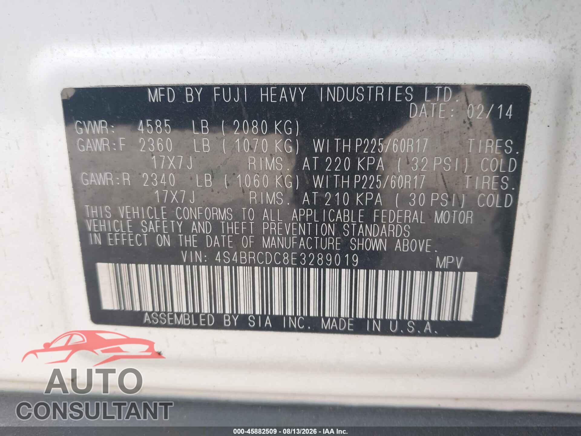 SUBARU OUTBACK 2014 - 4S4BRCDC8E3289019