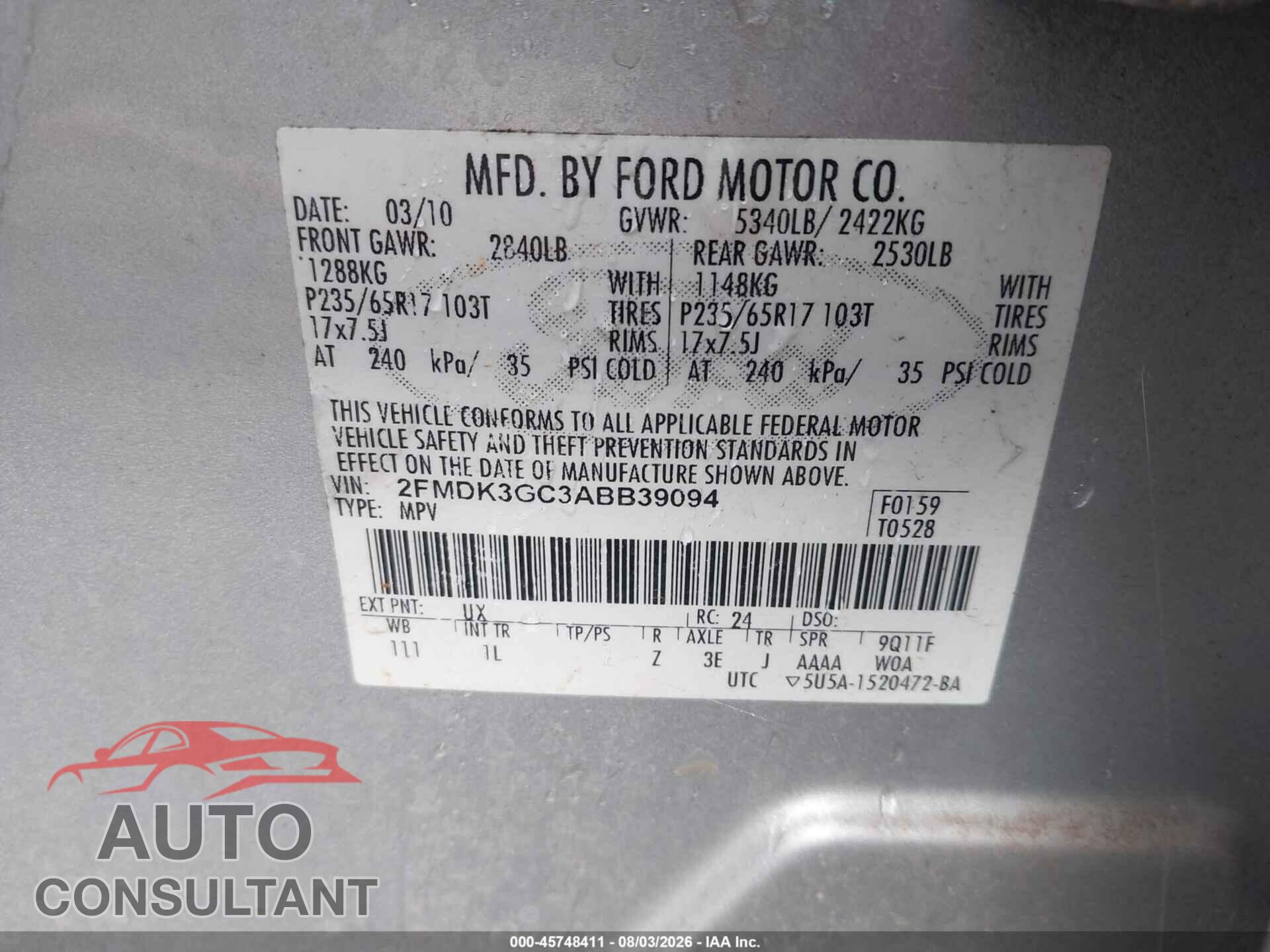 FORD EDGE 2010 - 2FMDK3GC3ABB39094