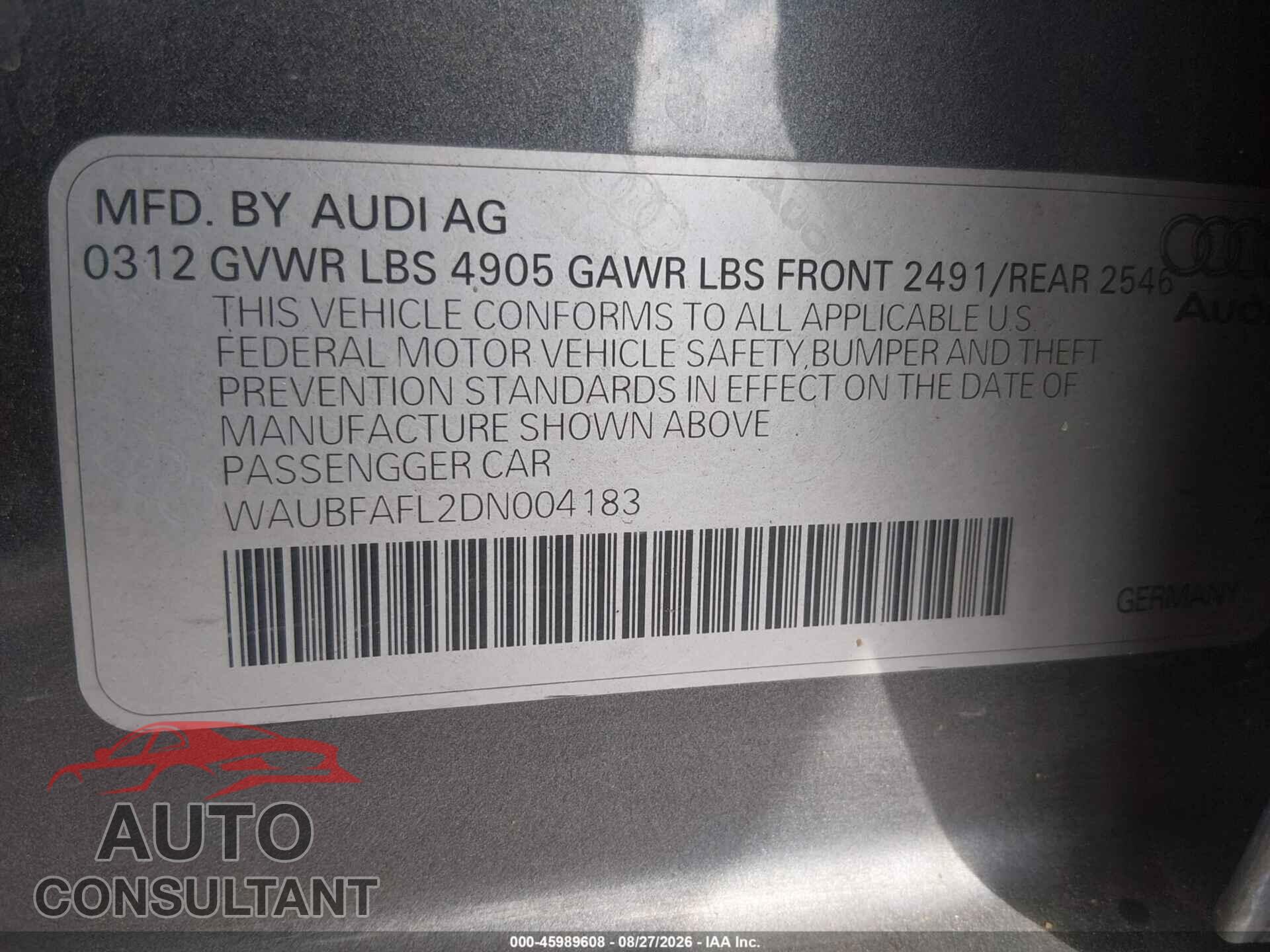 AUDI A4 2013 - WAUBFAFL2DN004183