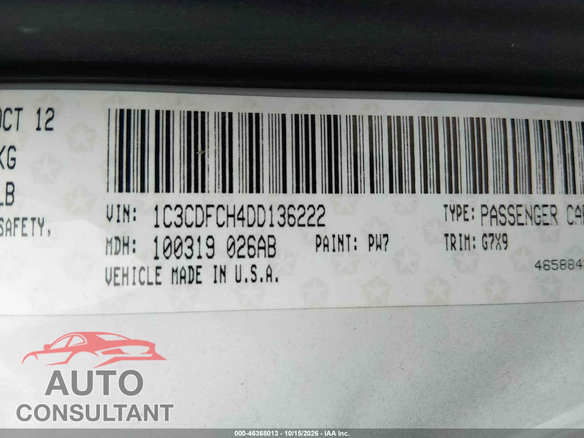 DODGE DART 2013 - 1C3CDFCH4DD136222