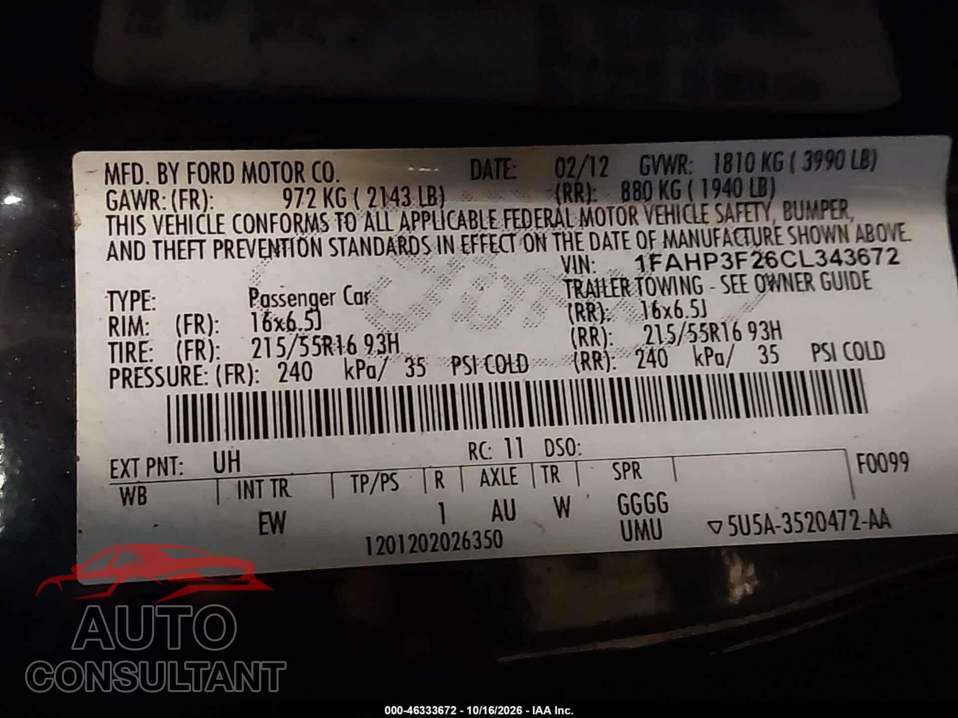 FORD FOCUS 2012 - 1FAHP3F26CL343672