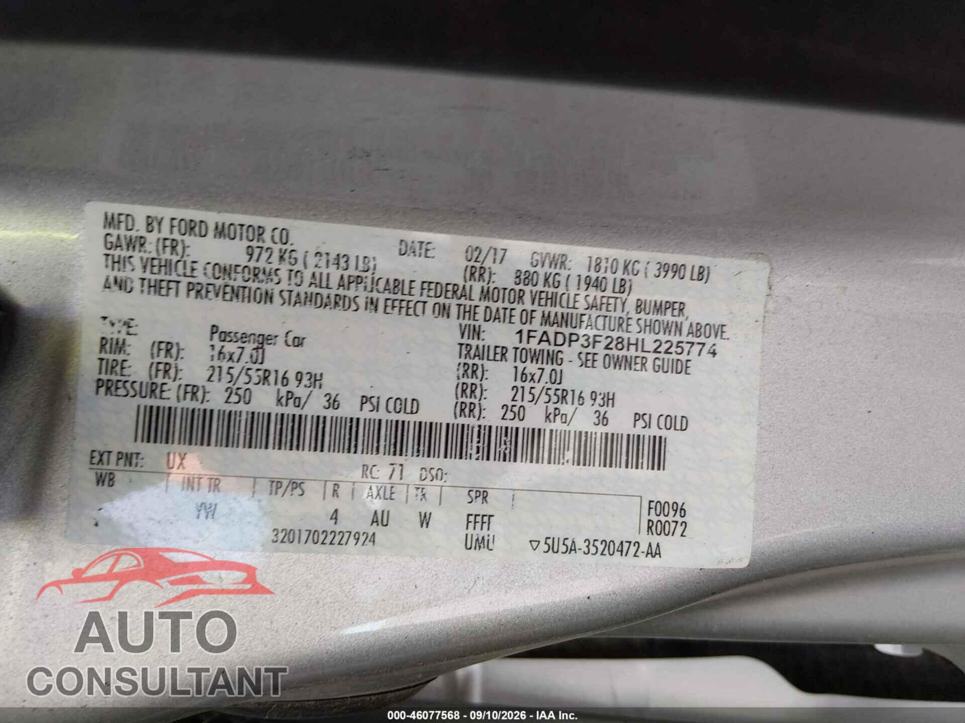 FORD FOCUS 2017 - 1FADP3F28HL225774