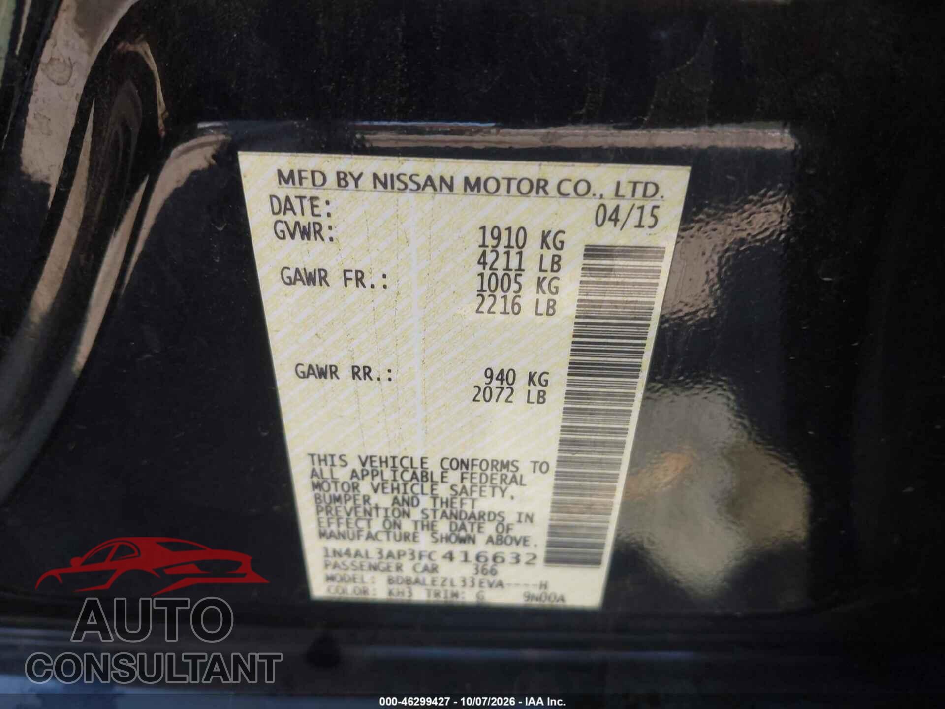 NISSAN ALTIMA 2015 - 1N4AL3AP3FC416632