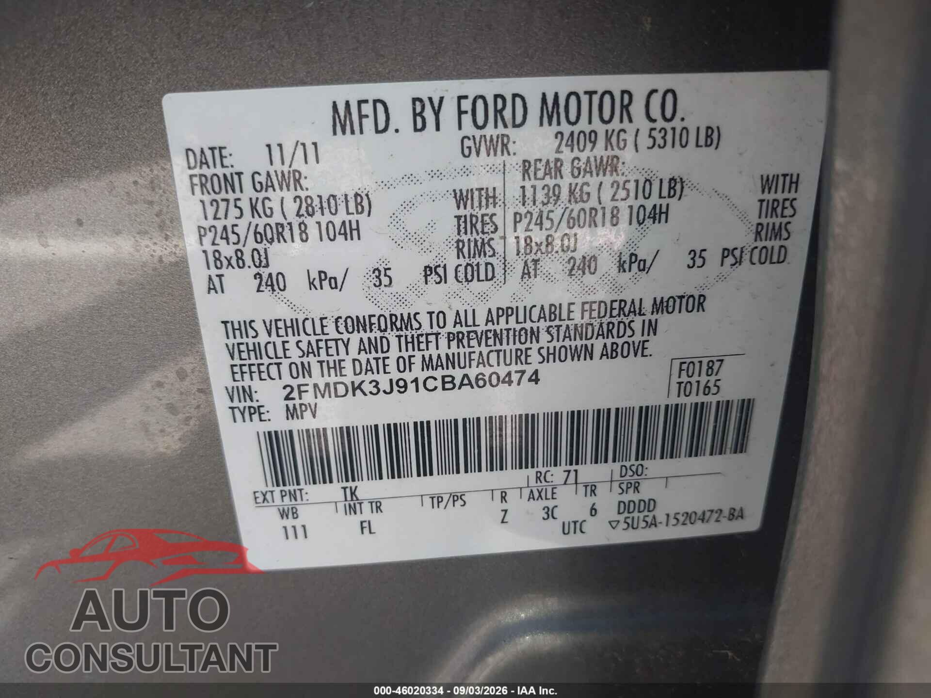 FORD EDGE 2012 - 2FMDK3J91CBA60474