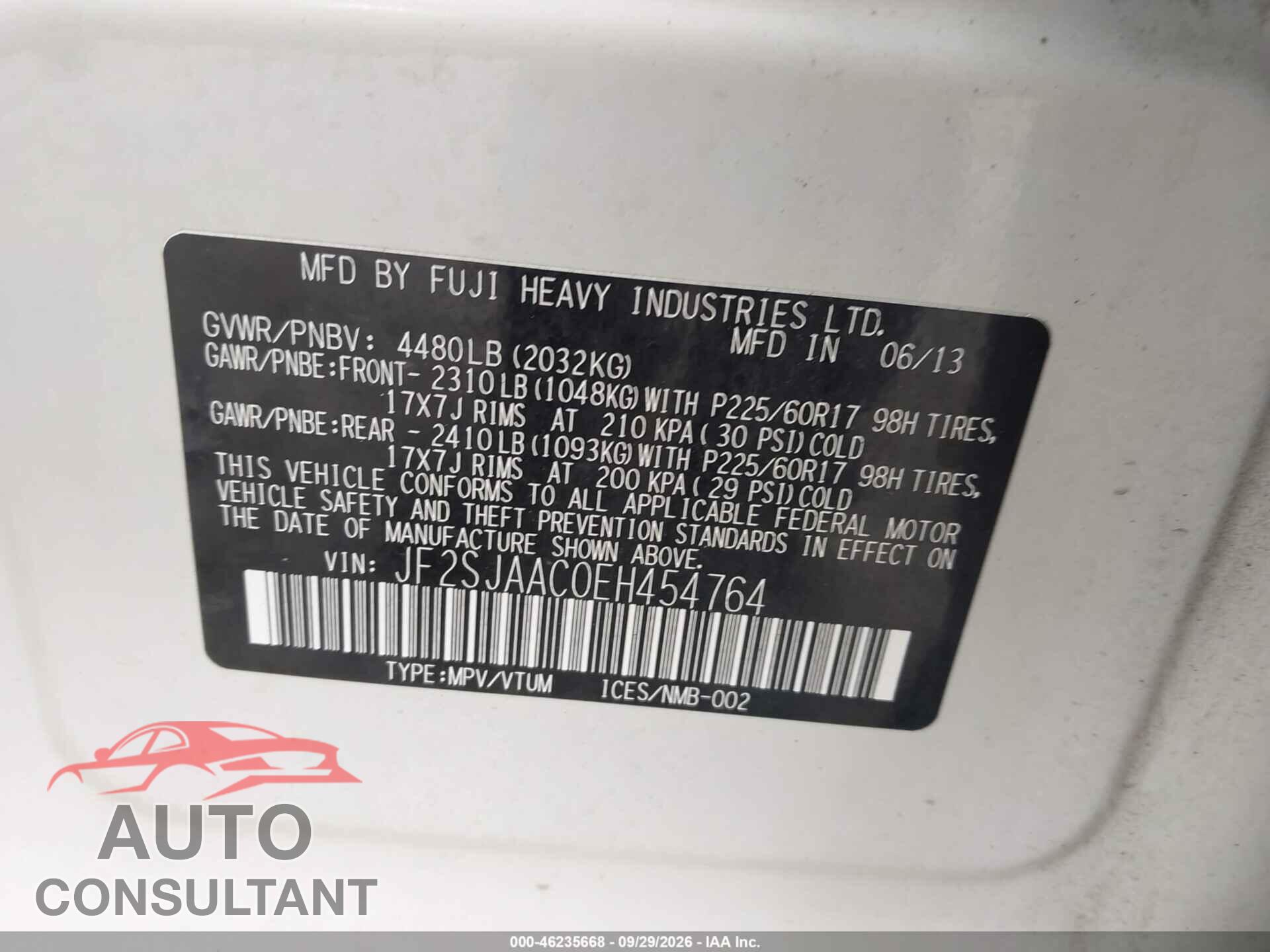 SUBARU FORESTER 2014 - JF2SJAAC0EH454764