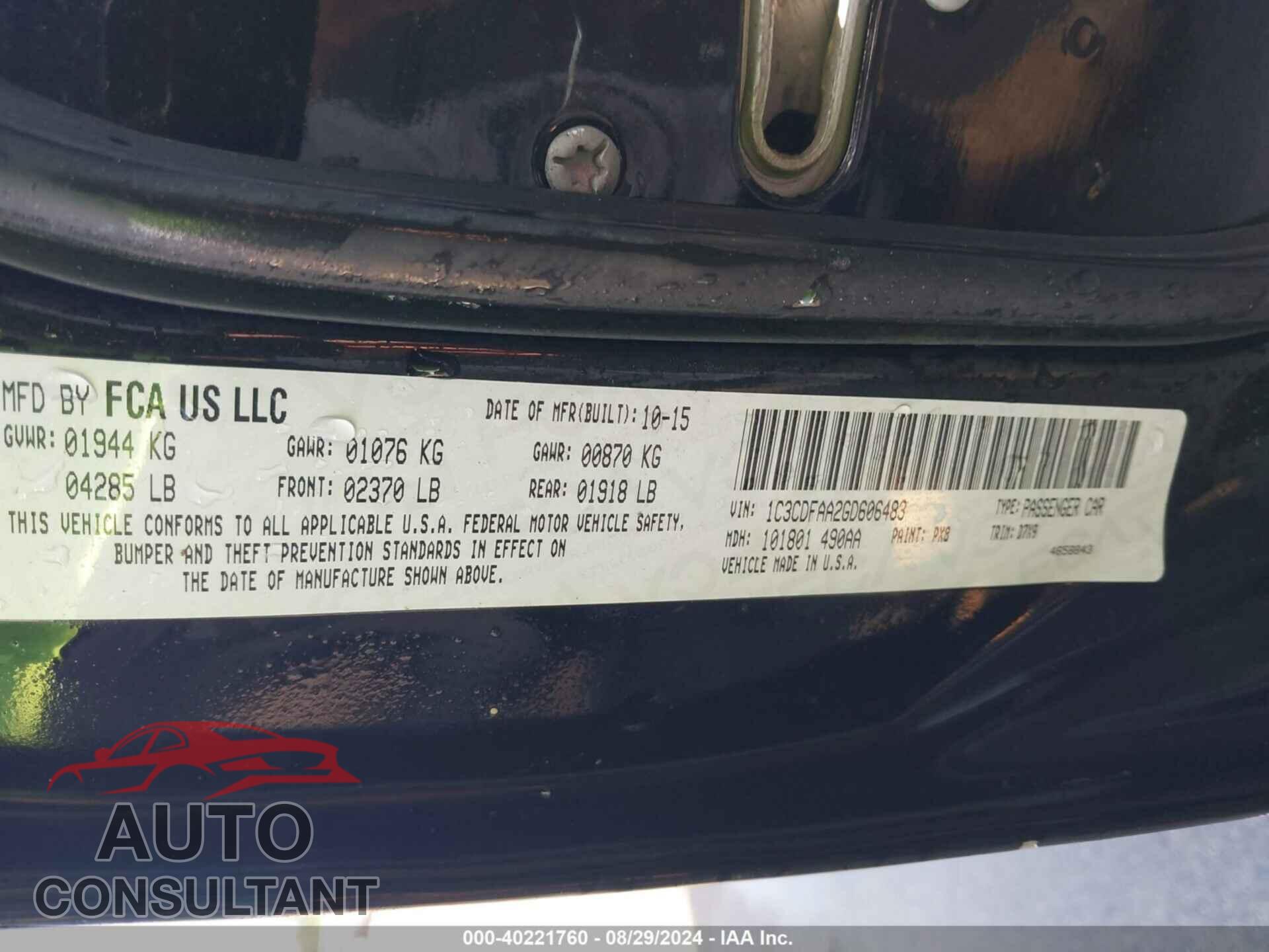 DODGE DART 2016 - 1C3CDFAA2GD606483