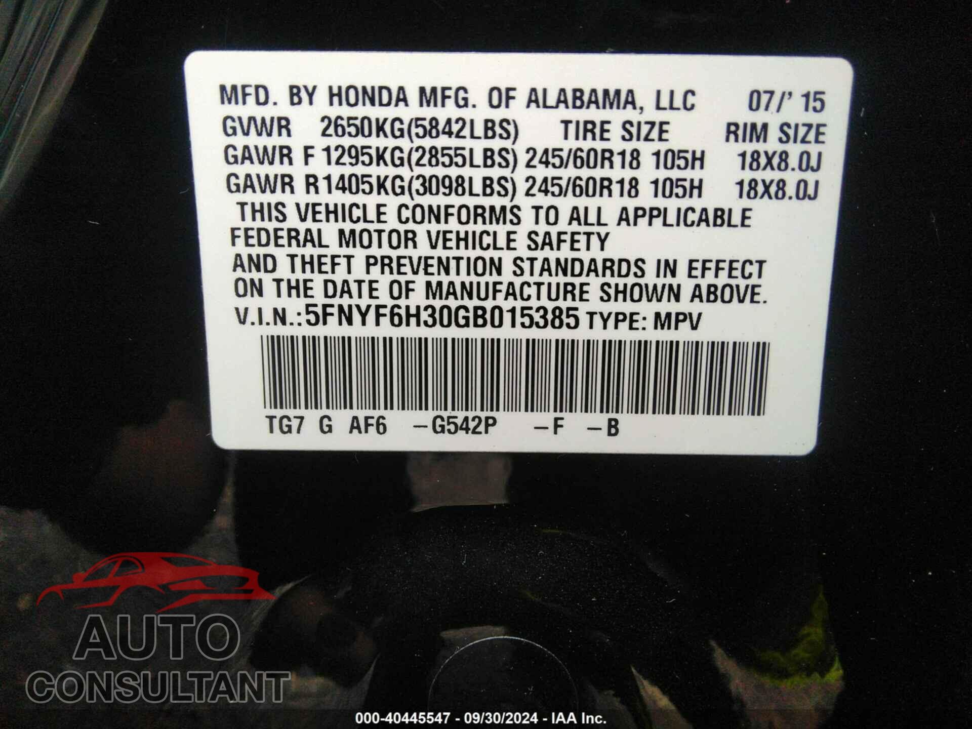 HONDA PILOT 2016 - 5FNYF6H30GB015385
