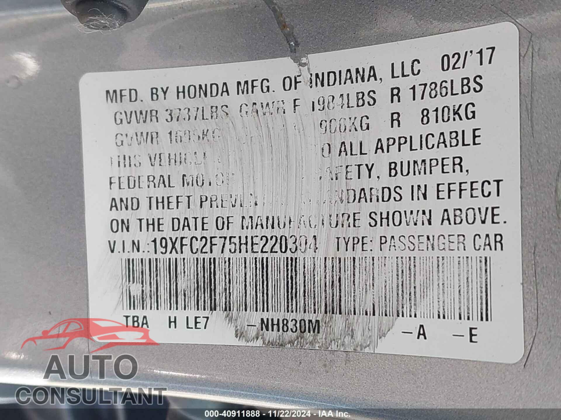 HONDA CIVIC 2017 - 19XFC2F75HE220304