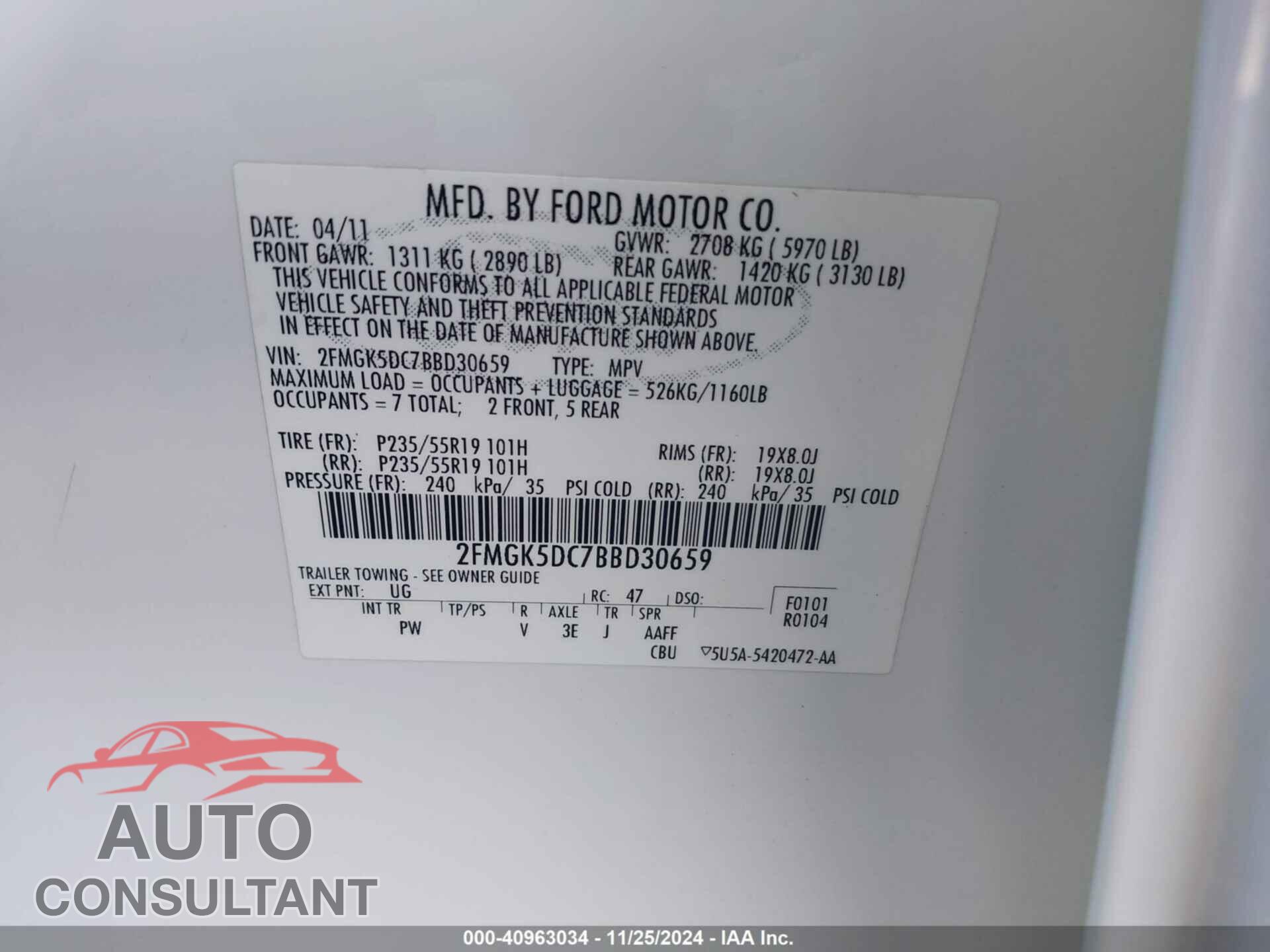 FORD FLEX 2011 - 2FMGK5DC7BBD30659