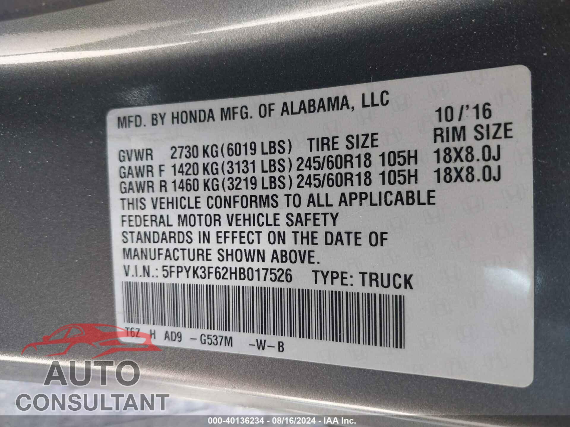 HONDA RIDGELINE 2017 - 5FPYK3F62HB017526