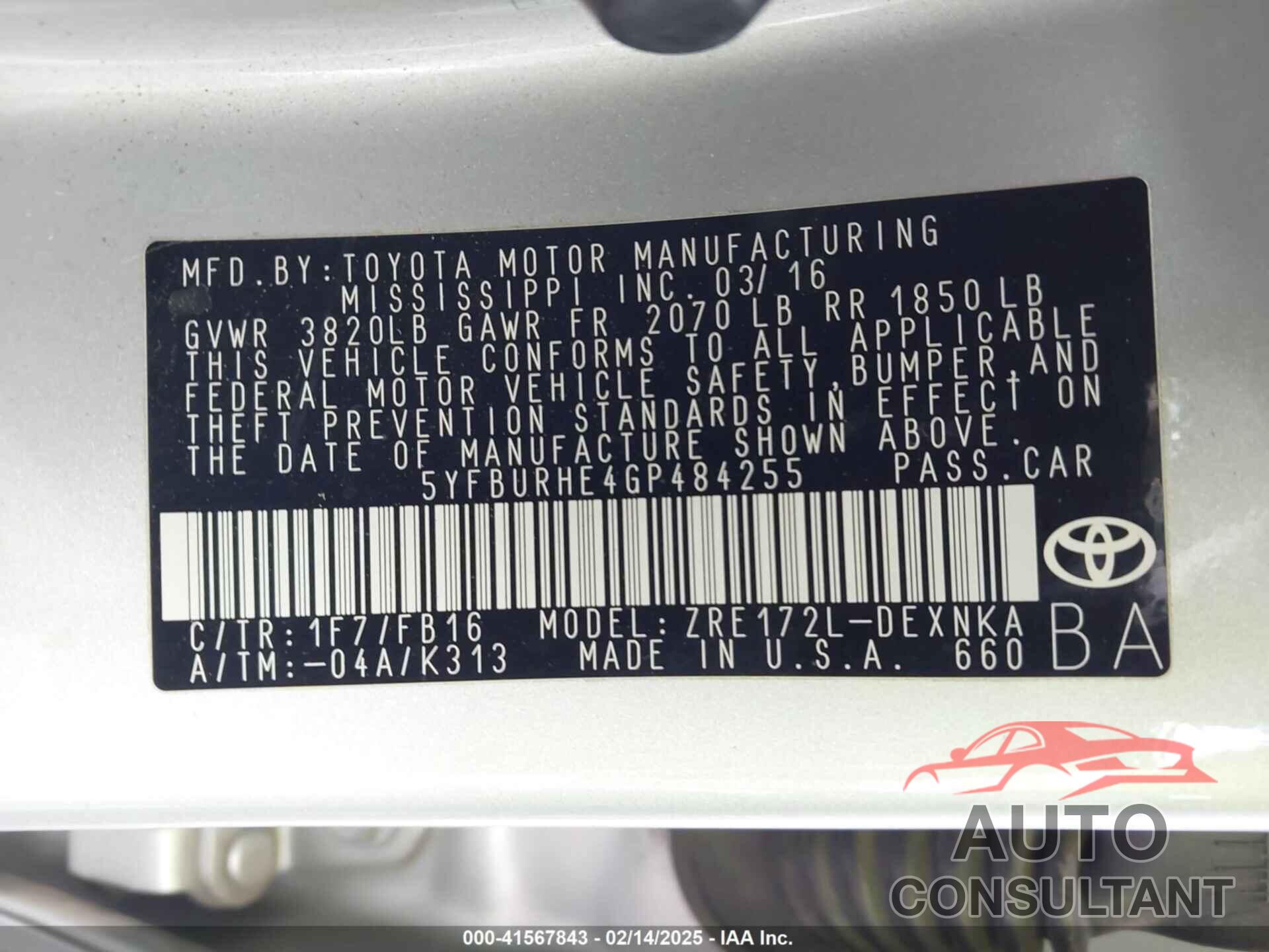 TOYOTA COROLLA 2016 - 5YFBURHE4GP484255