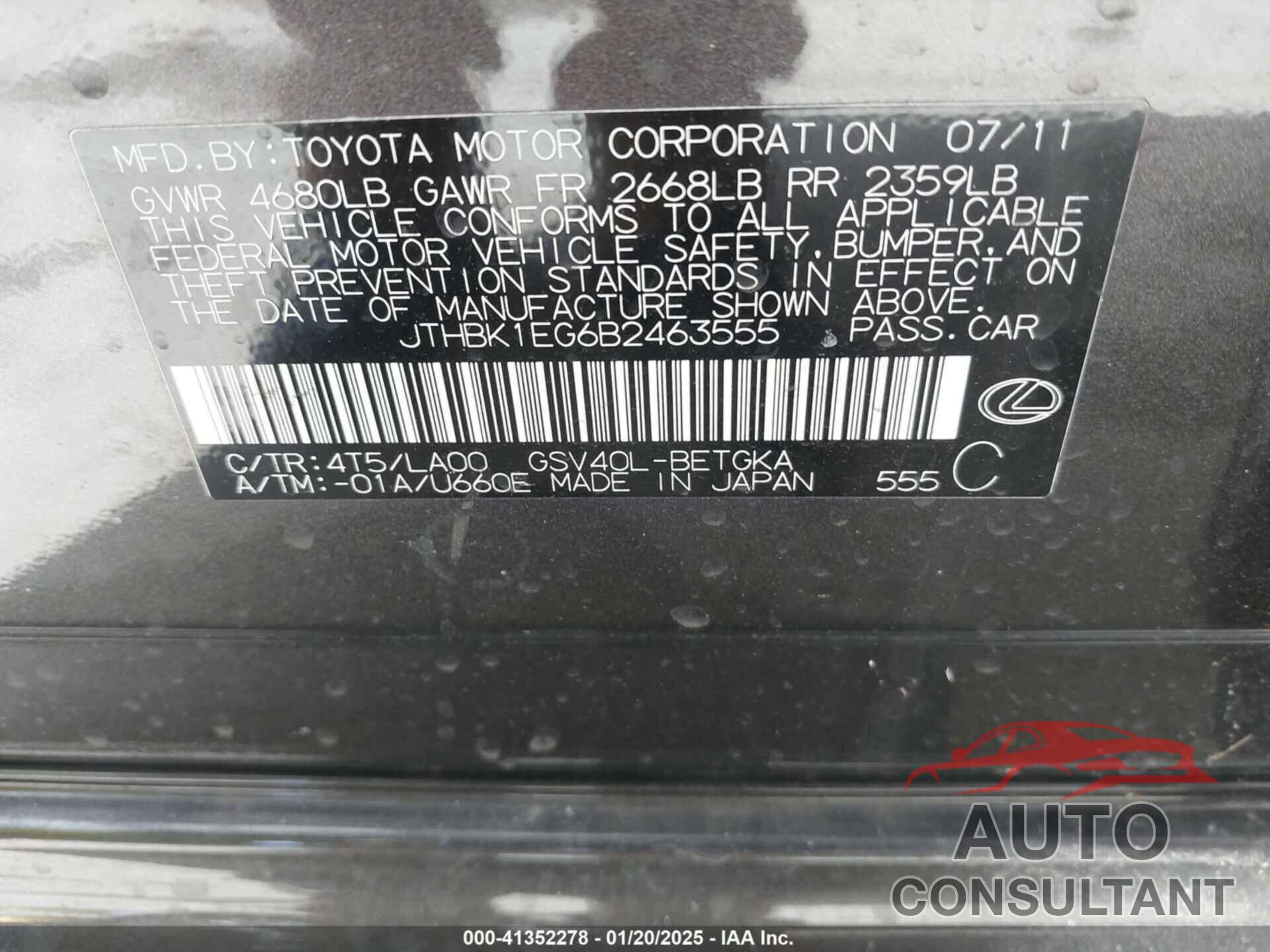 LEXUS ES 350 2011 - JTHBK1EG6B2463555