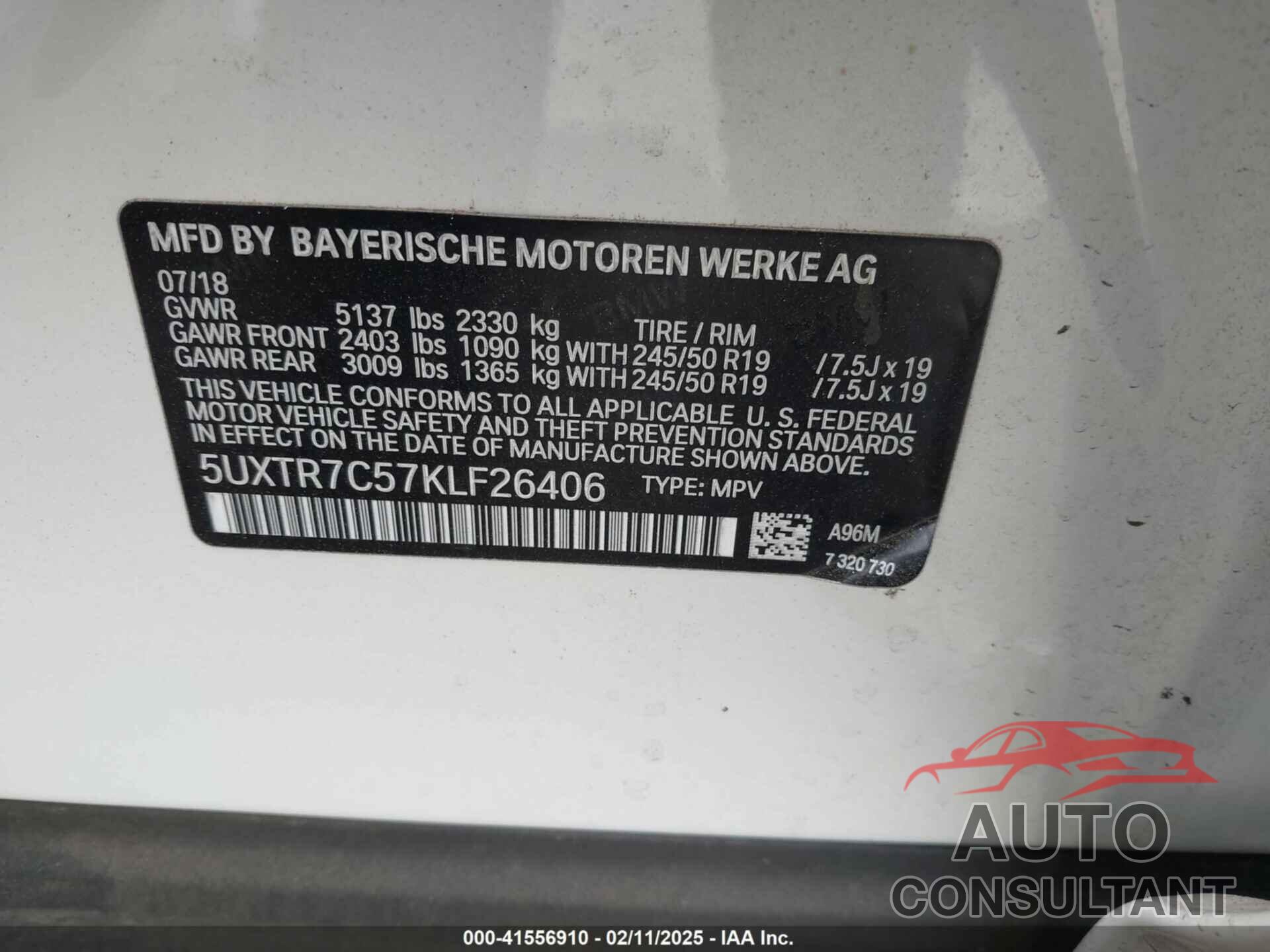 BMW X3 2019 - 5UXTR7C57KLF26406