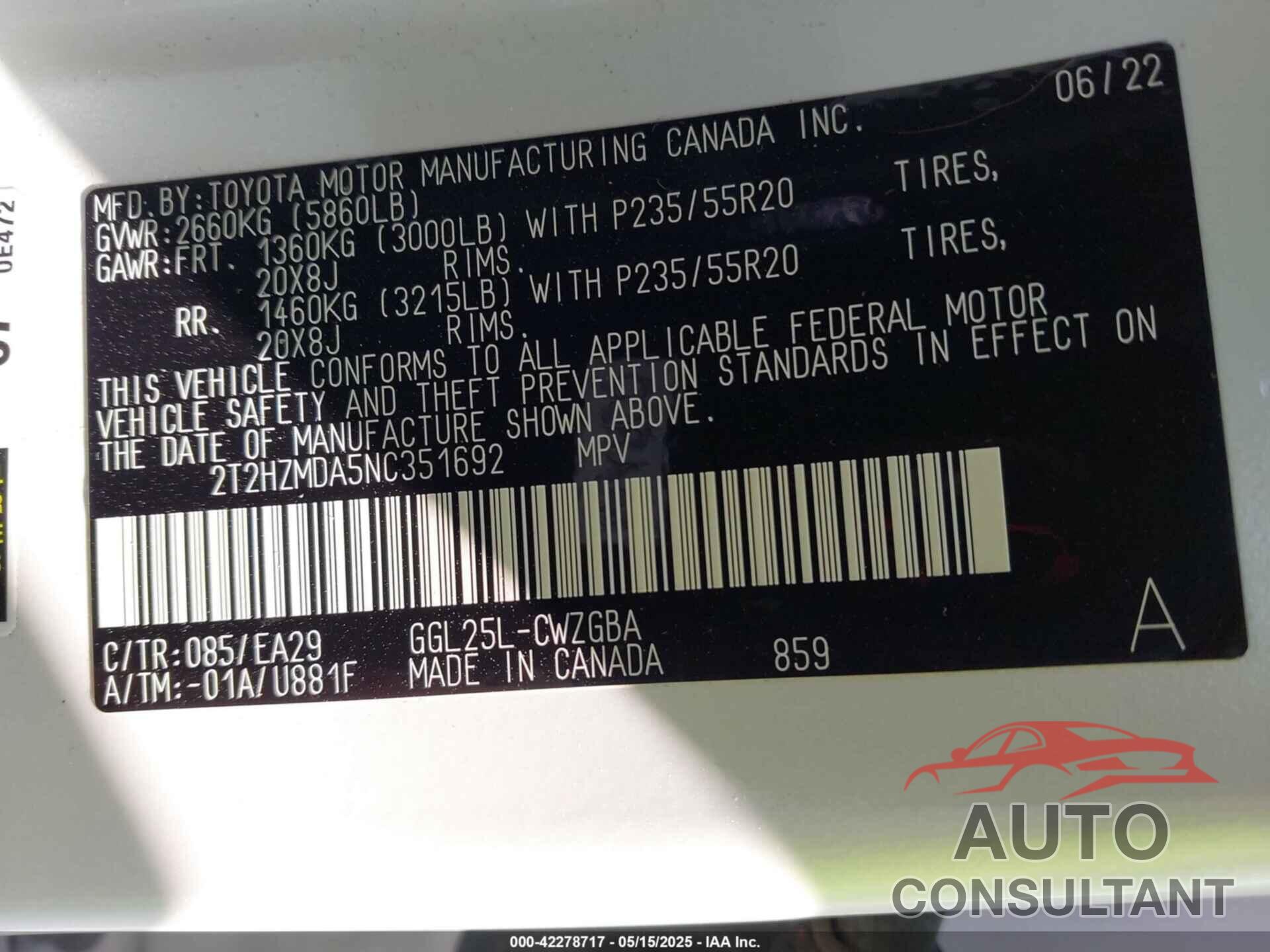 LEXUS RX 350 2022 - 2T2HZMDA5NC351692