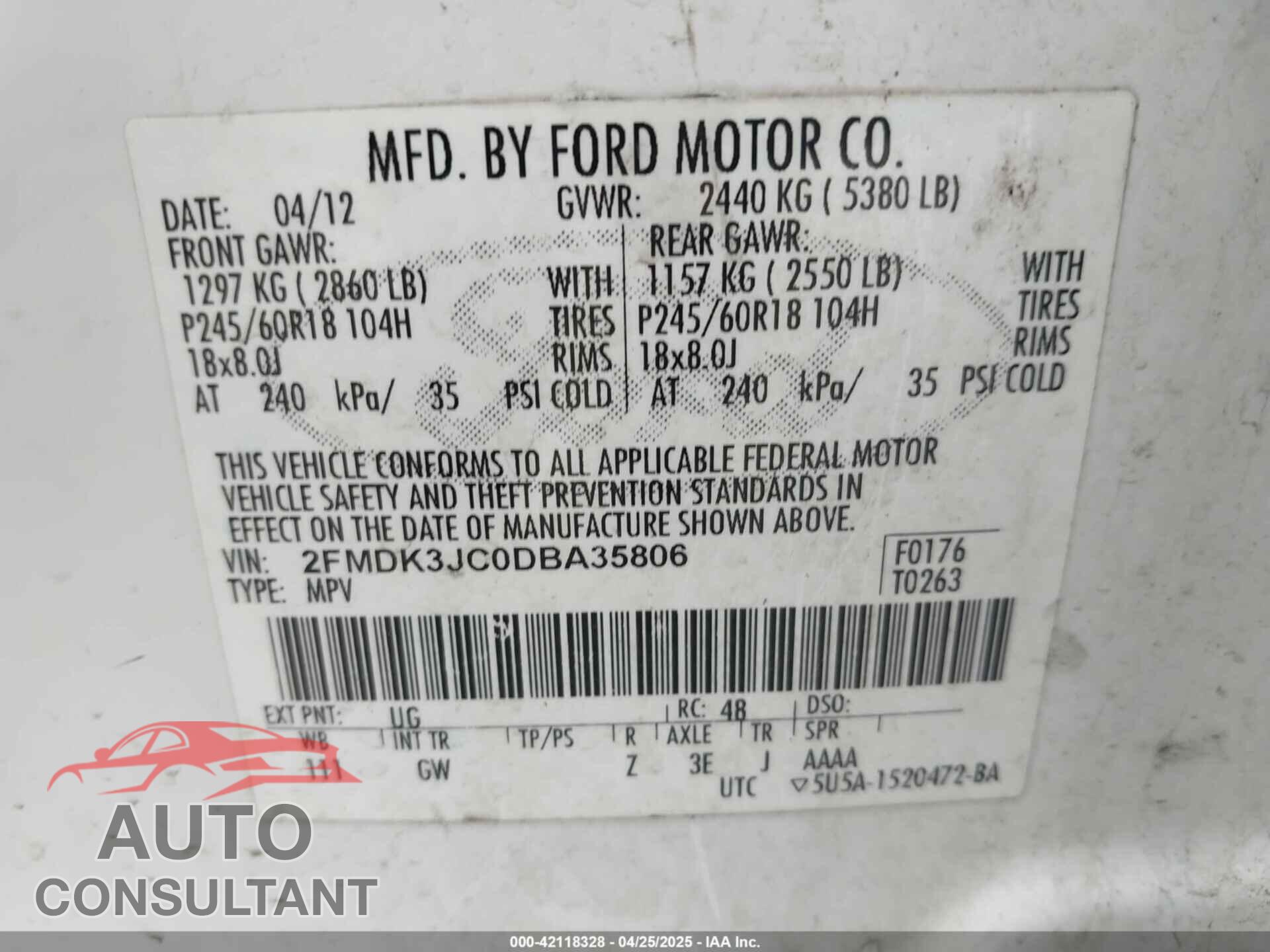 FORD EDGE 2013 - 2FMDK3JC0DBA35806