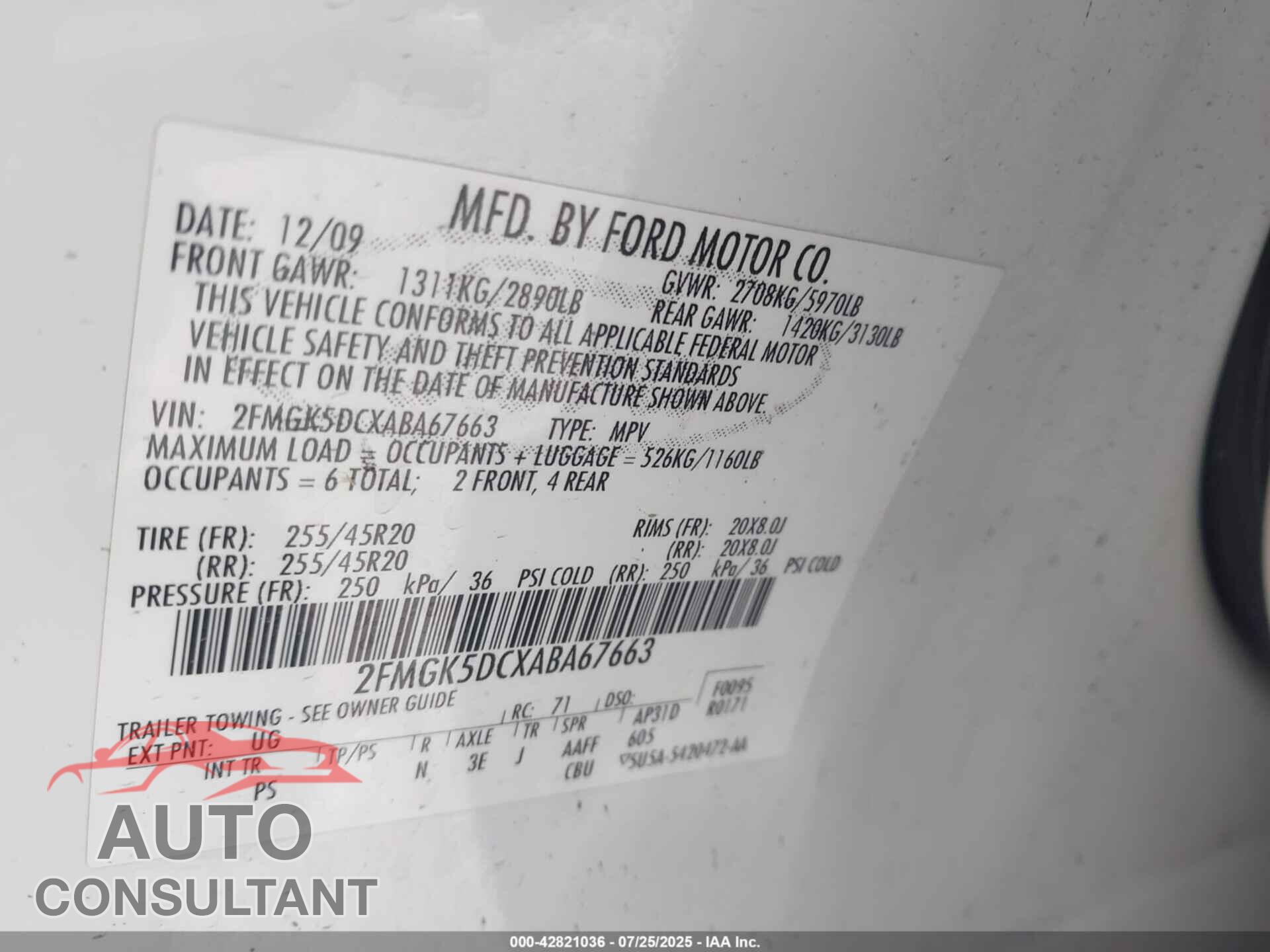 FORD FLEX 2010 - 2FMGK5DCXABA67663