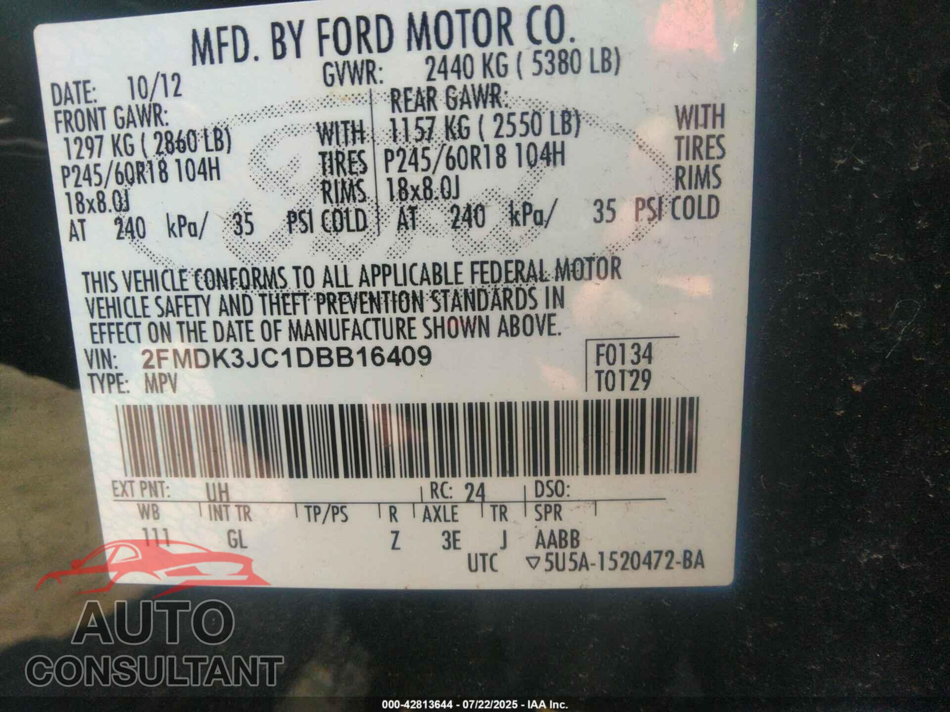 FORD EDGE 2013 - 2FMDK3JC1DBB16409