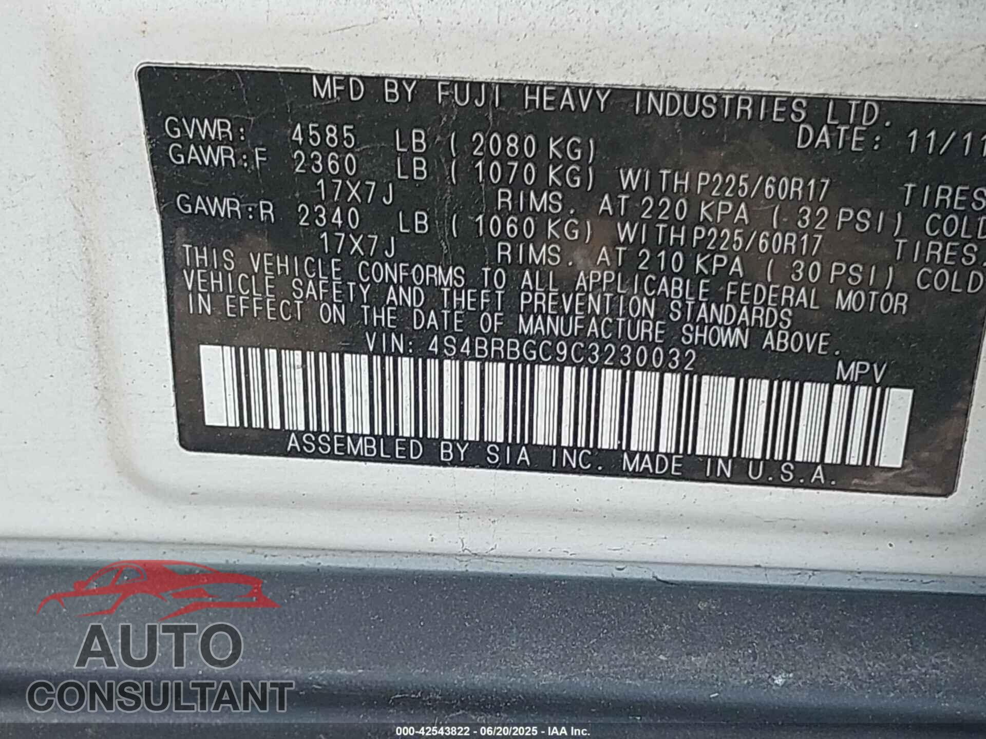 SUBARU OUTBACK 2012 - 4S4BRBGC9C3230032