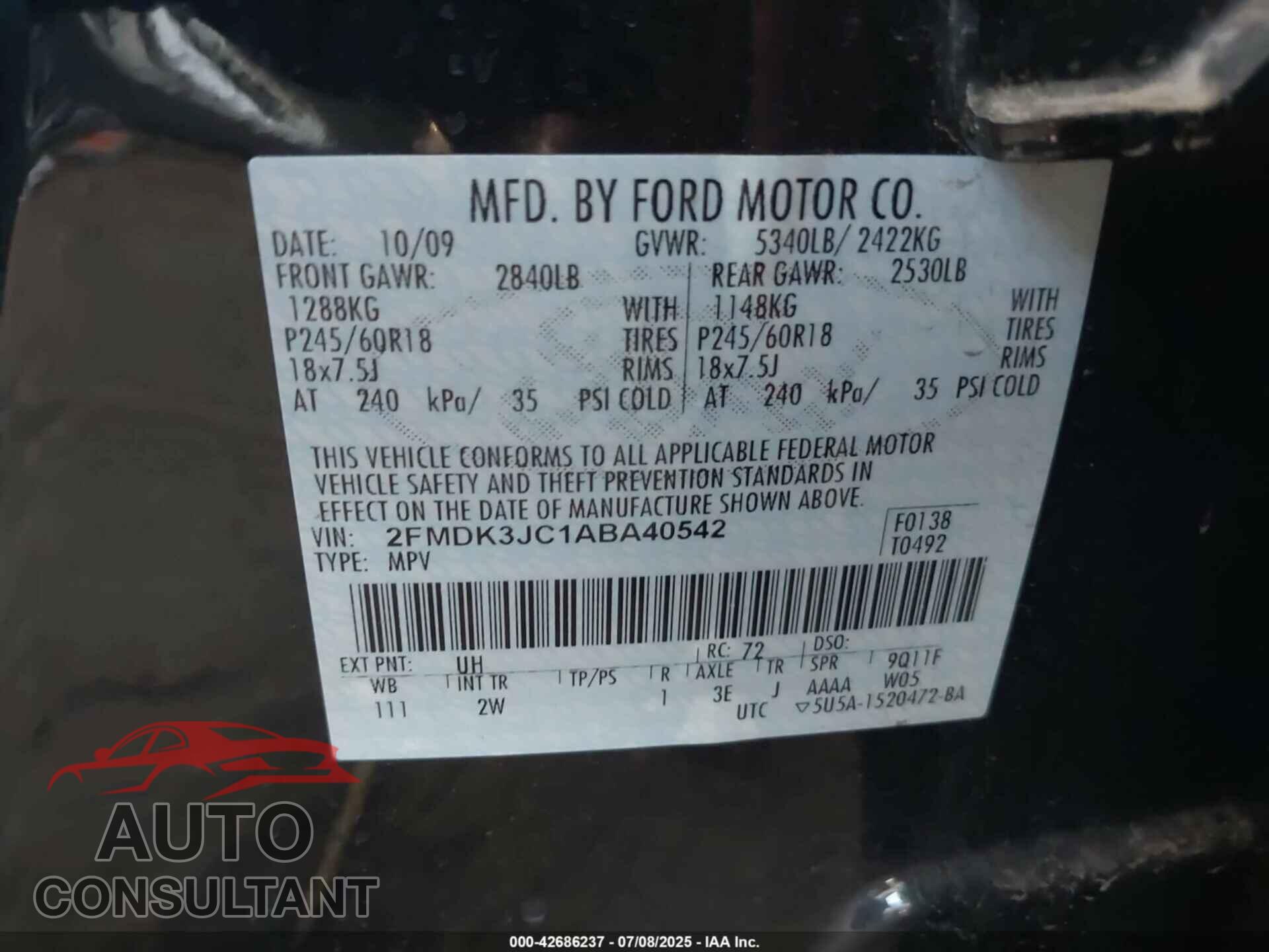 FORD EDGE 2010 - 2FMDK3JC1ABA40542