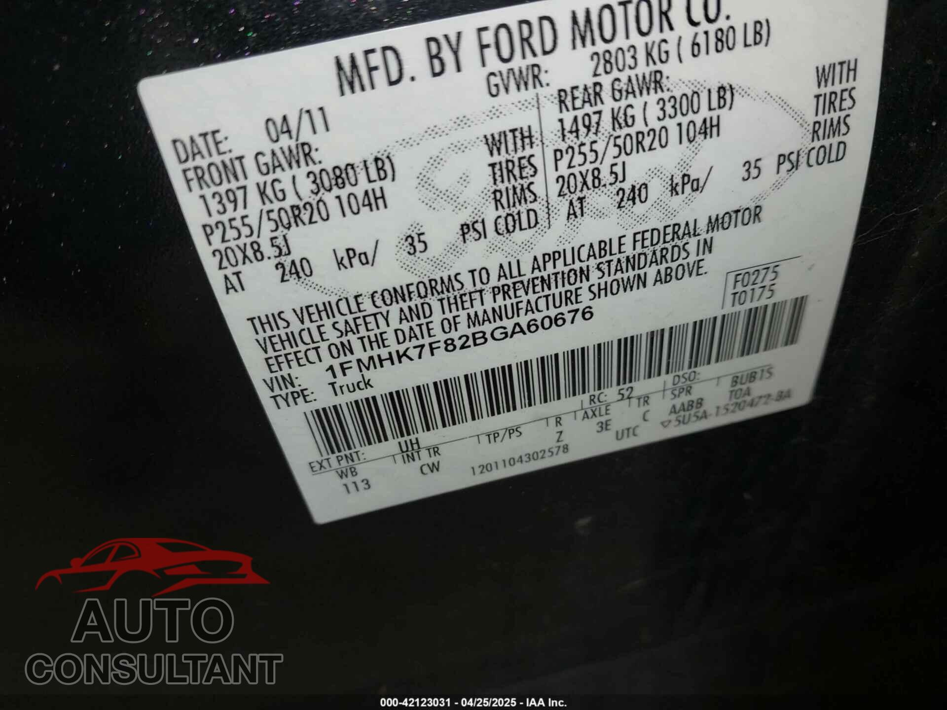 FORD EXPLORER 2011 - 1FMHK7F82BGA60676