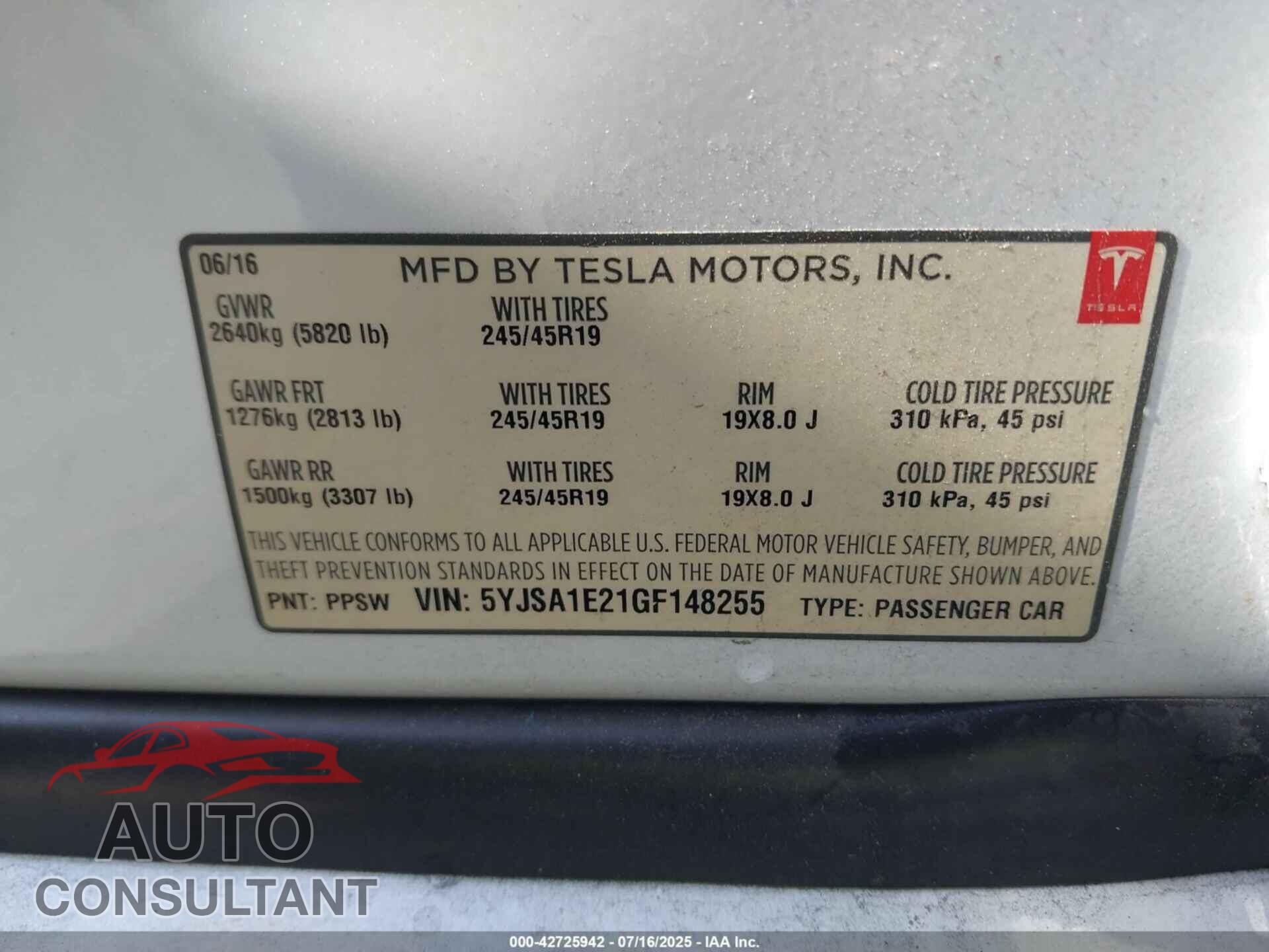 TESLA MODEL S 2016 - 5YJSA1E21GF148255