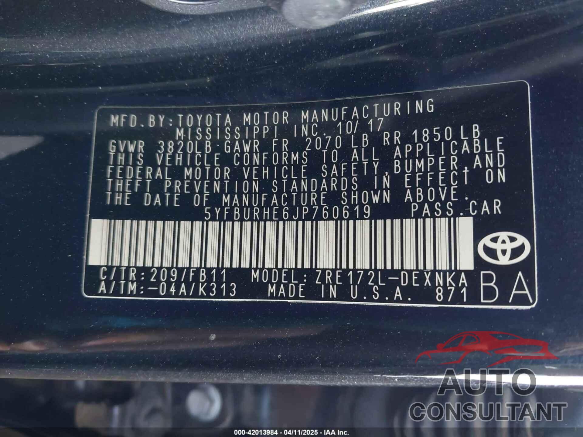 TOYOTA COROLLA 2018 - 5YFBURHE6JP760619