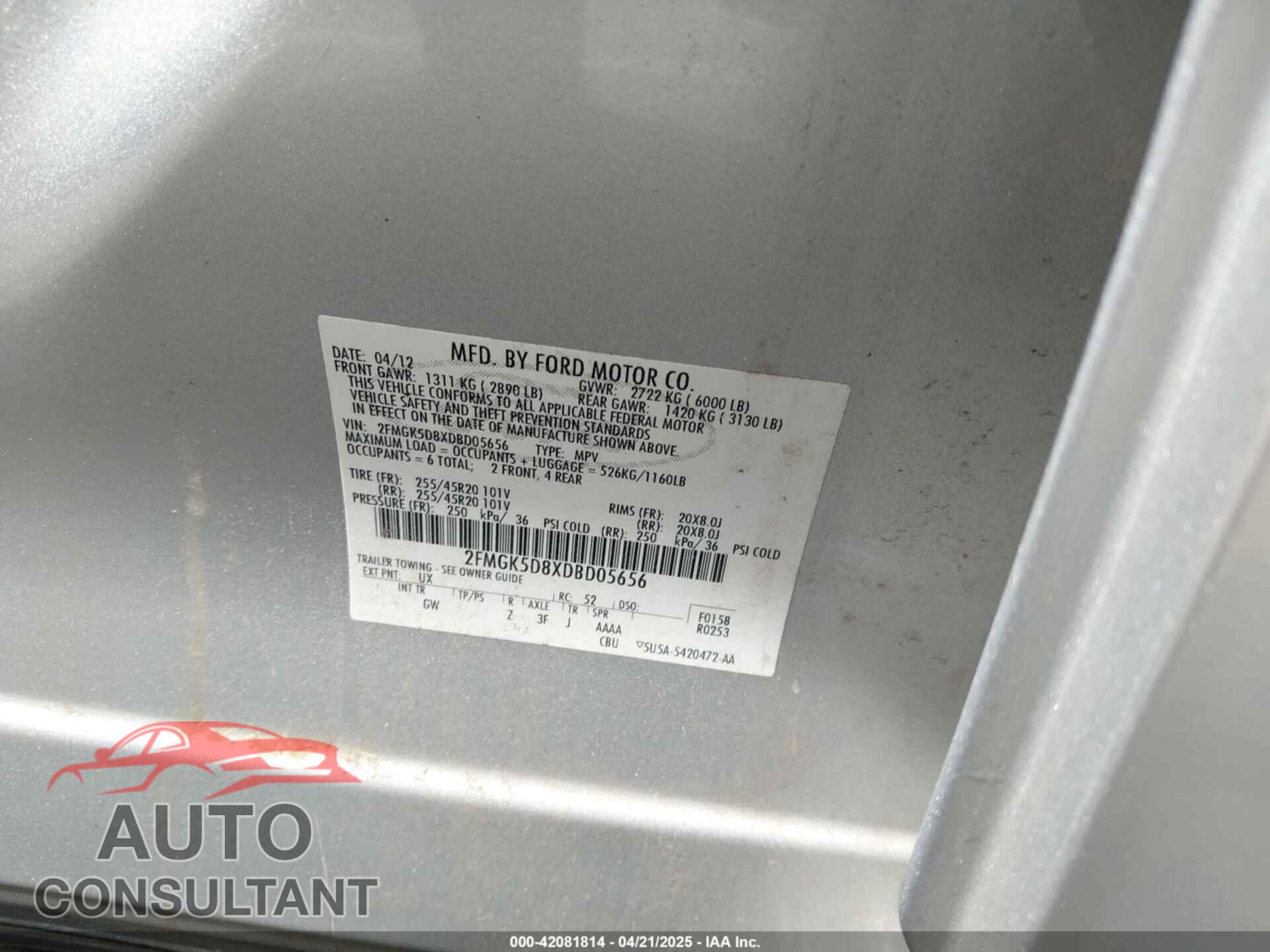 FORD FLEX 2013 - 2FMGK5D8XDBD05656