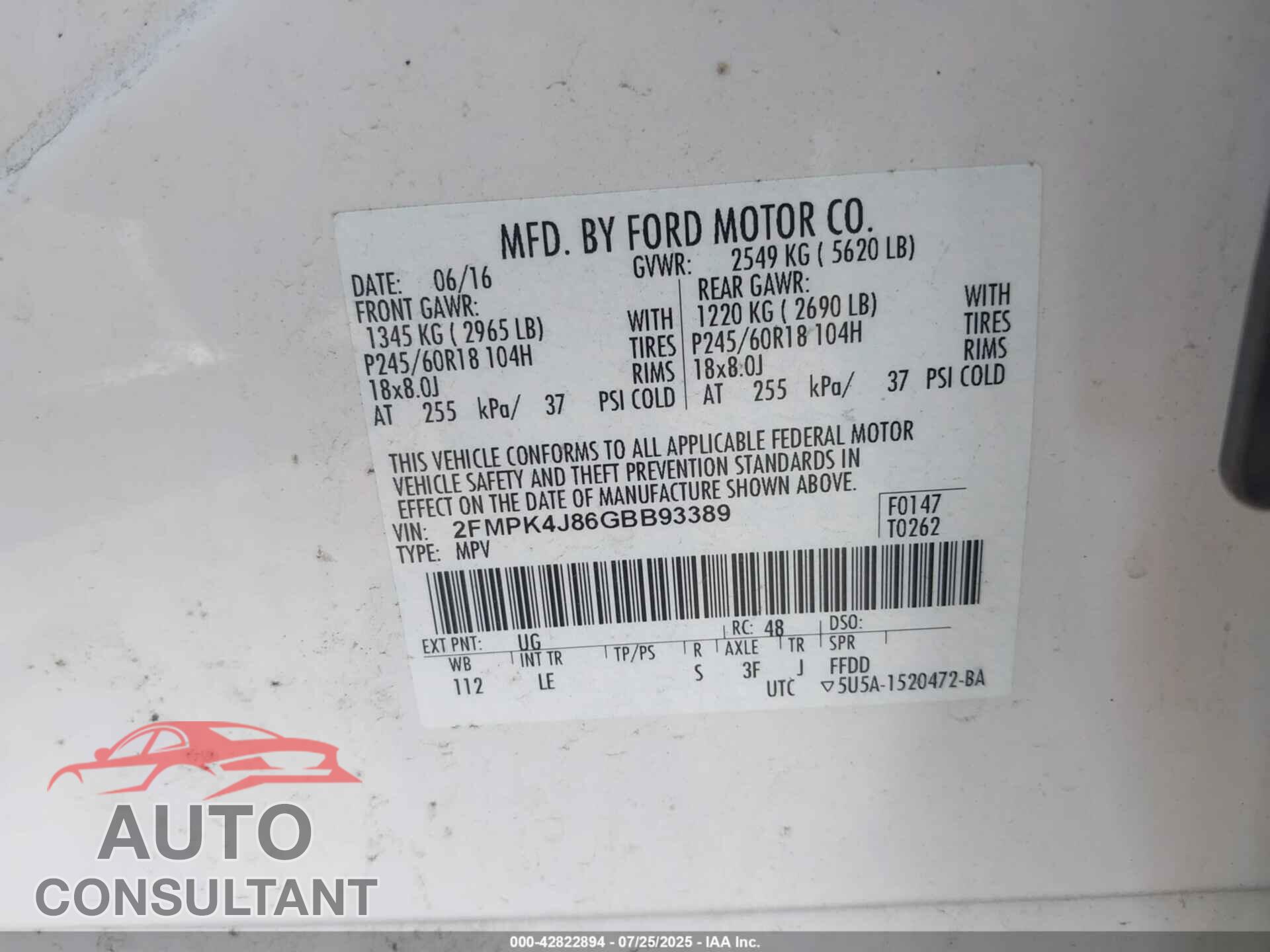 FORD EDGE 2016 - 2FMPK4J86GBB93389