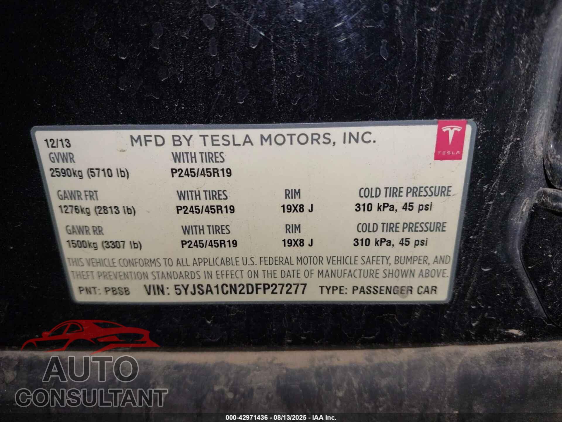 TESLA MODEL S 2013 - 5YJSA1CN2DFP27277