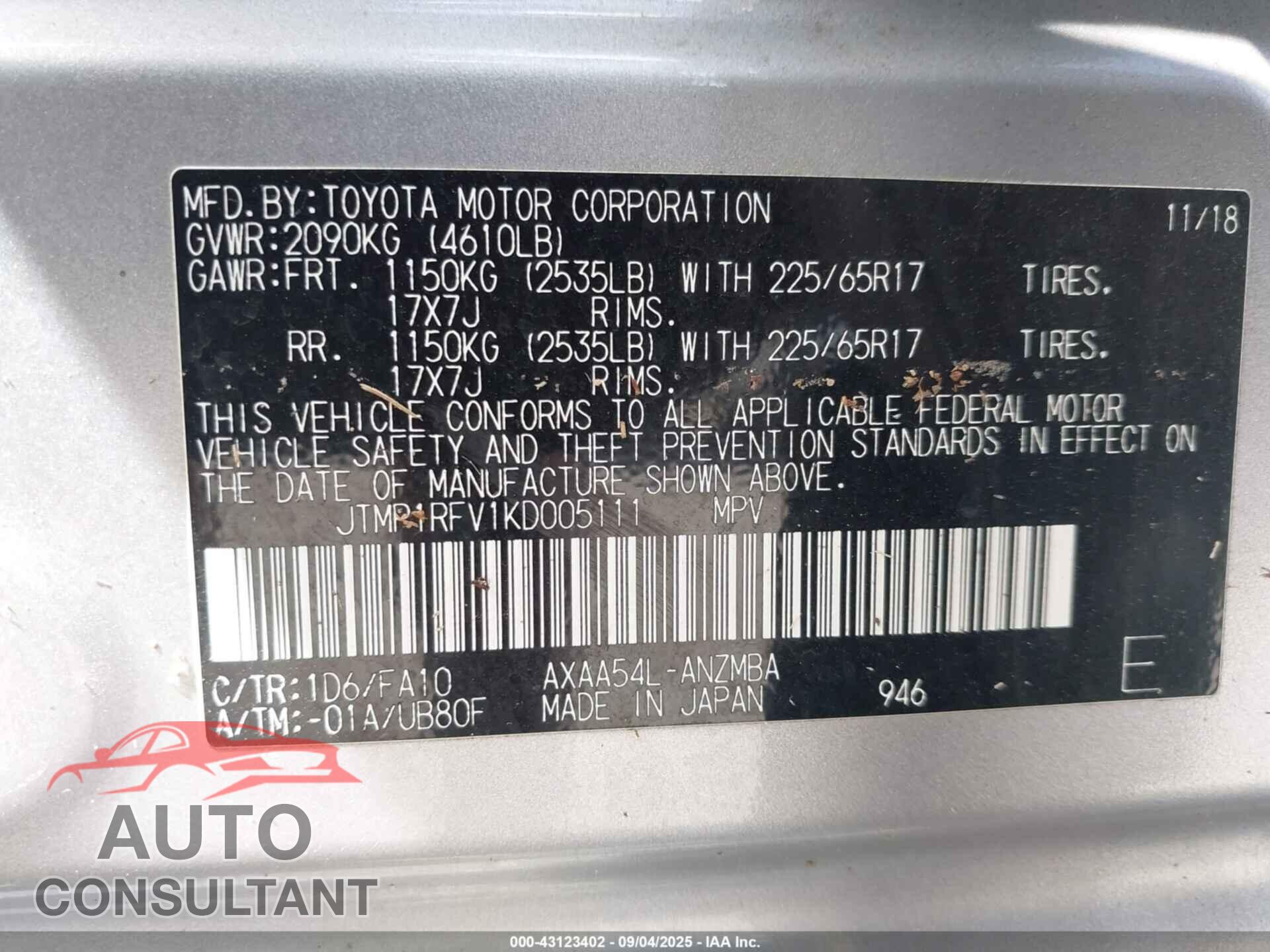TOYOTA RAV4 2019 - JTMP1RFV1KD005111